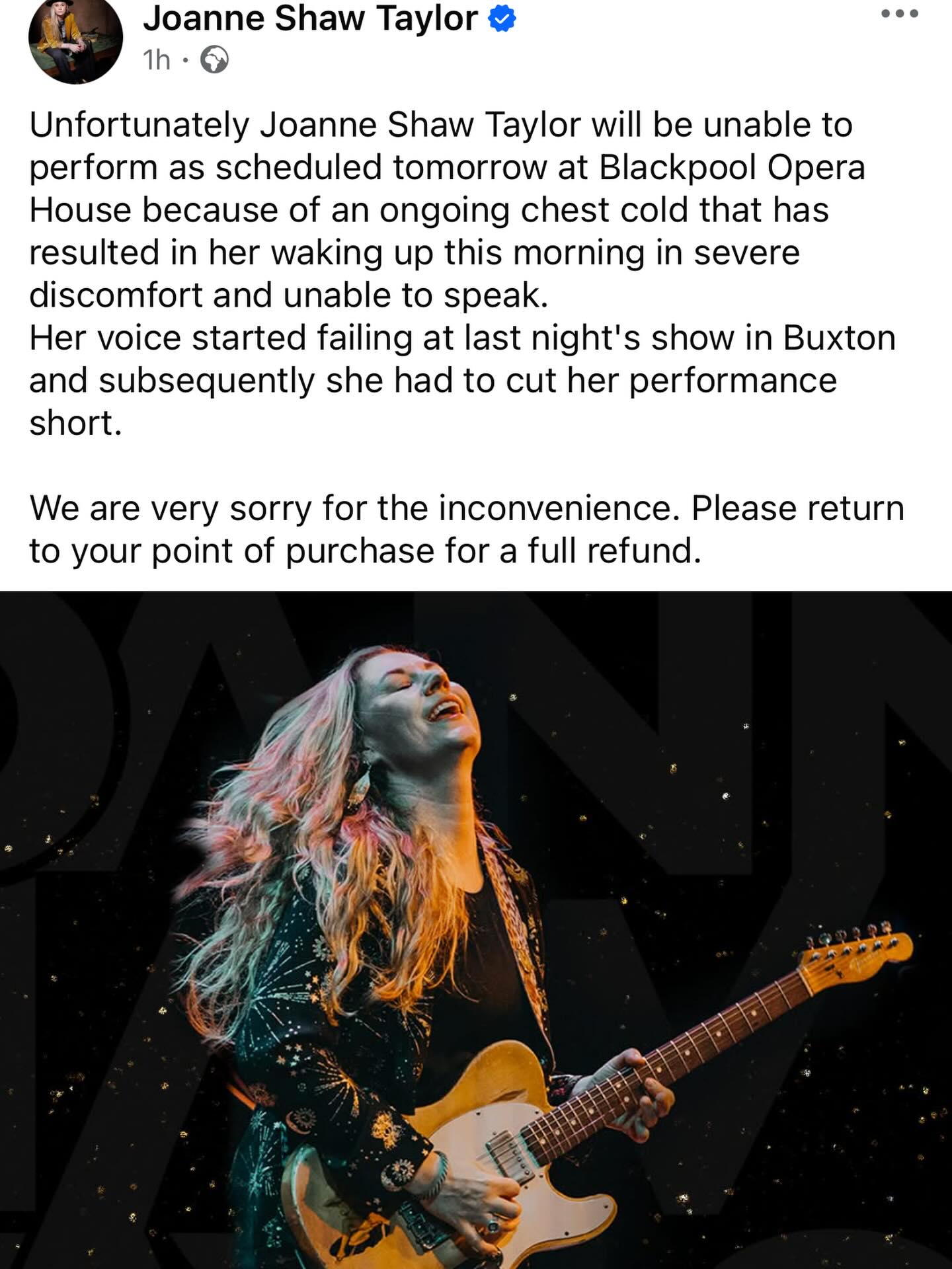 Unfortunately due to illness the show tomorrow has been cancelled. Please join me in wishing Joanne a speedy recovery!