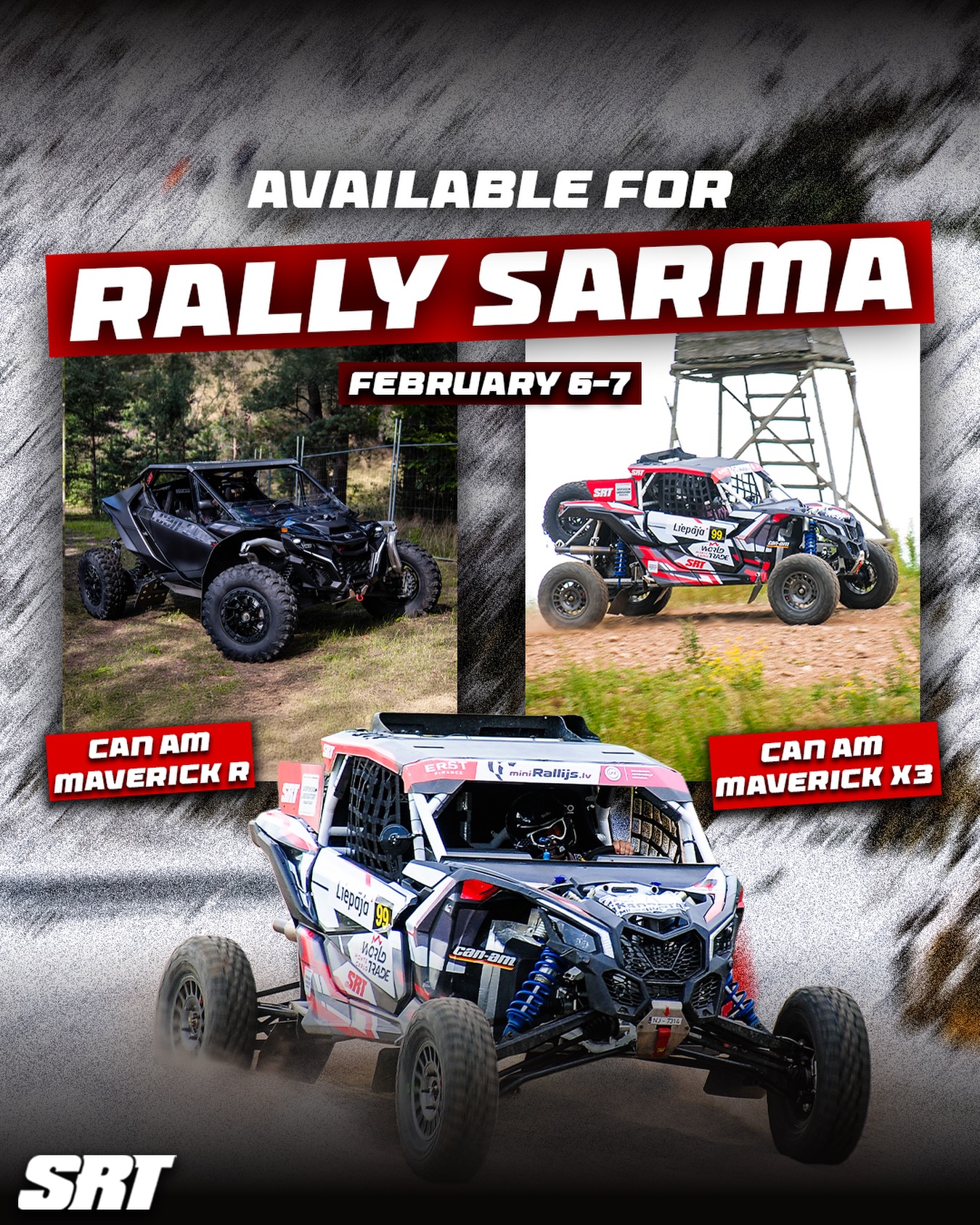 Winter rally + buggies = pure adrenaline 🔥 who says no to that?
We have 2 very absolute beasts available for Rally Sarma - the Can Am Maverick R and Can Am Maverick X3! Powerful, and perfectly set up for winter grip, these machines turn cold conditions into pure fun!
So, are you ready to #sendit in Gulbene? 👀
🗓️ February 6-7
📍 Latvia, Gulbene
For more information reach out to us via rallyraid@srt.lv
#SRT #SportsRacingTechnologies #SuspensionLaboratory #RallijsSarma