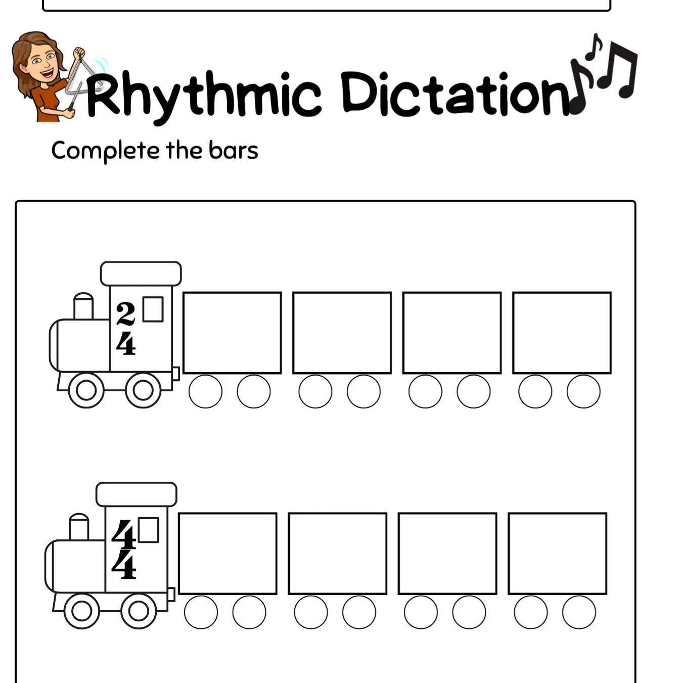 🎵Rhythmic Dictation
I love working on this kind of worksheets with 1st and 2nd grade students. It is much more easier for them to visualize bars as train cars.
If you want the worksheet:
1. ❤️ this post
2. Send me a DM asking for It 📨
#musiceducation #musicresources #rhythmicdictation #rhythm #bilingualeducation #musicclass #musicaltrains #musicteacher #musicprimary #músicaprimaria #músicainfantil #dictadorítmico #musicworksheet #worksheet #timesignature #clasedemúsica #recursosmusicales