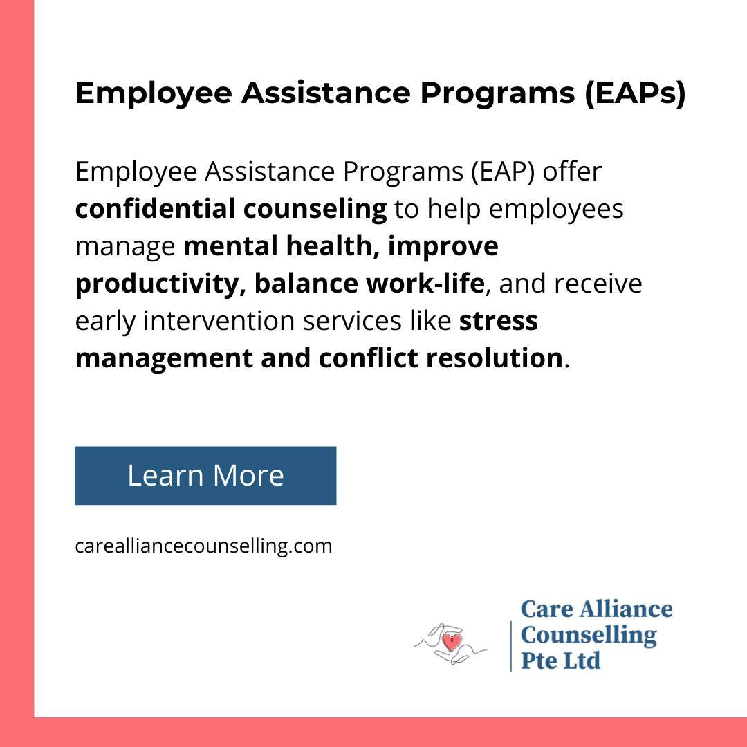 Support your staff’s well-being with Employee Assistance Programs (EAP).
Confidential counseling helps employees manage mental health, balance work-life, and improve productivity through early intervention services.
To book an appointment, visit - https://www.carealliancecounselling.com/contact-us
#EmployeeWellbeing #MentalHealthSupport #EAP #WorkLifeBalance #StressManagement