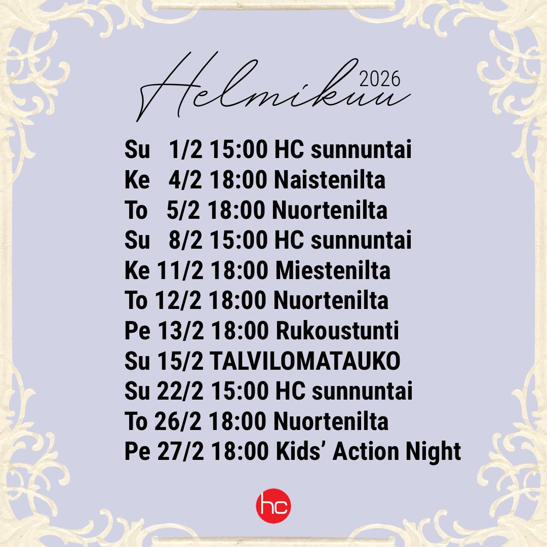 Helmikuu | February ❄️
Lapsille on omaa ohjelmaa (Kuninkaallinen koulutus) sunnuntaisin saarnan aikana. Alle 4-vuotiaat voivat osallistua huoltajan kanssa.
Nuorten oma IG: @harvestingyouth
Naiset: @lupaluottaa