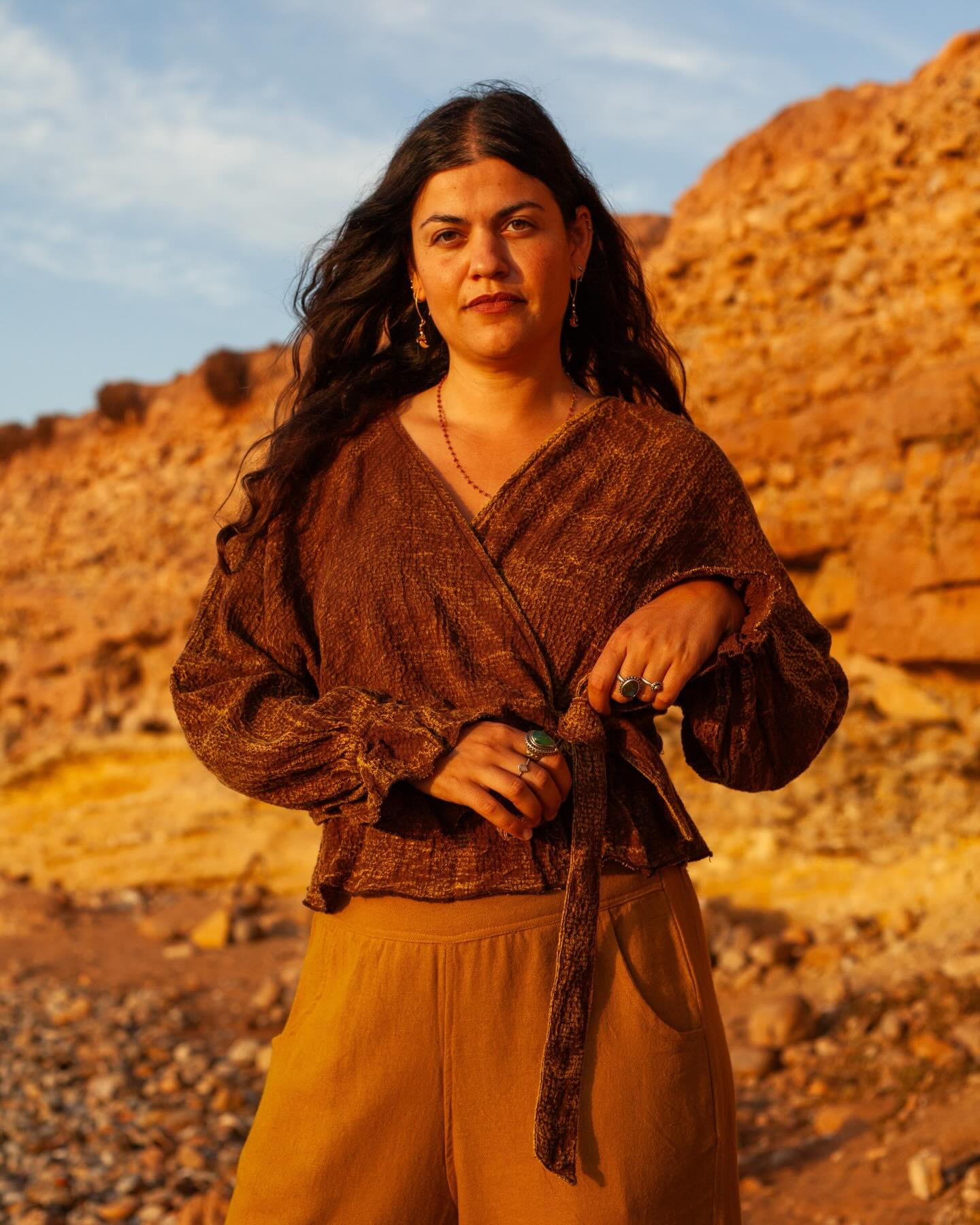 The Cocoa Wrap Blouse & Flowy Ochre Pants ⭐️ Worn by the lovely @christinegialamatzi