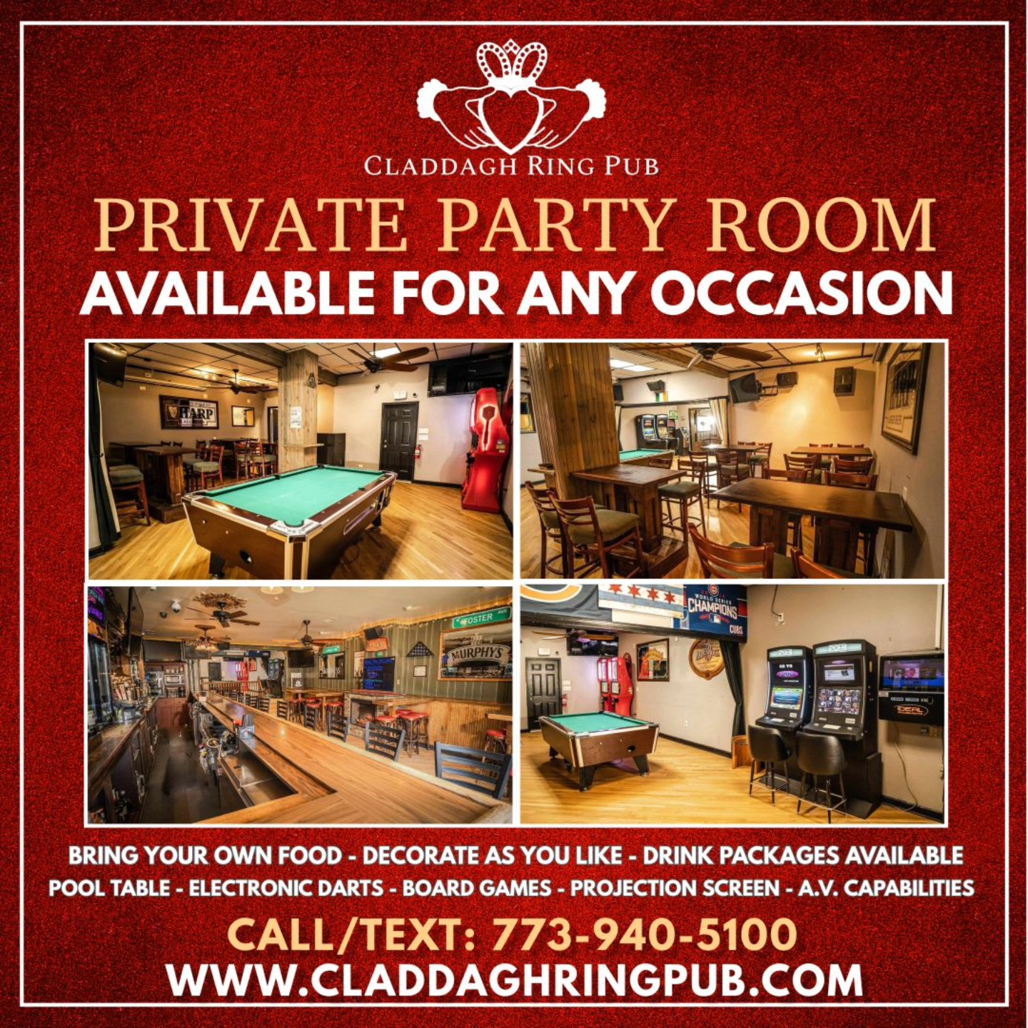Private Party Room Available for All Occasions! Book your next event at @claddaghringpubchicago
-Bring your own food
-Decorate as you like
-Drink Packages Available