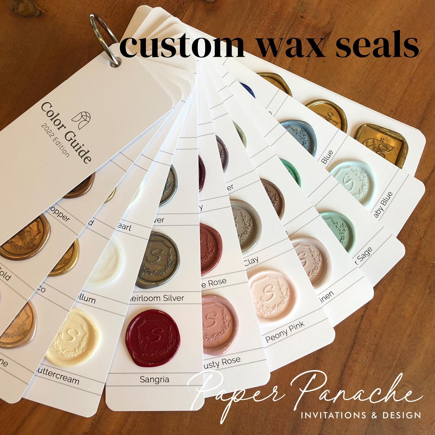 New samples of custom wax seals! Add some Panache to your wedding invitations. #waxsealstamps #yycinvitations #paperpanache #yycweddingstationery