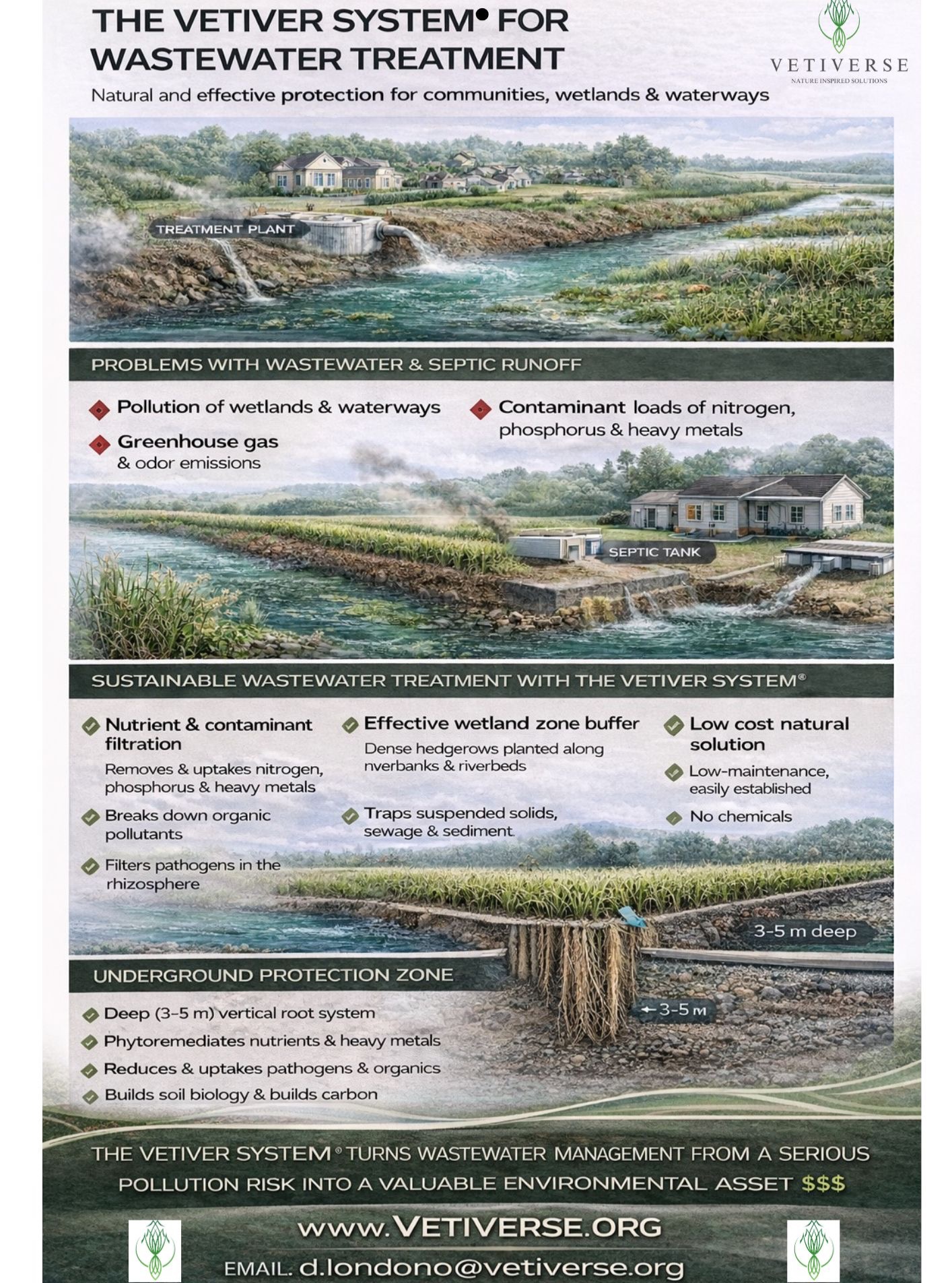 I’m continuing the Vetiver System Awareness Series with a new set of AI-designed posters — this time focusing on some of the more complex environmental challenges: wastewater management, landfills, acid sulphate soils, and coastal protection.
Each of these issues poses serious risks to land stability, water quality, and local ecosystems — yet Vetiver offers simple, science-backed solutions when applied correctly. My goal with these visuals is to show how this incredible grass-based technology can turn even the toughest sites into sustainable success stories.
If you’ve been following the first part of this series (Agro, Mining, Infrastructure, and Riverbank Protection), I’d love to hear what you think of these new additions — your feedback really helps guide what I create next!
