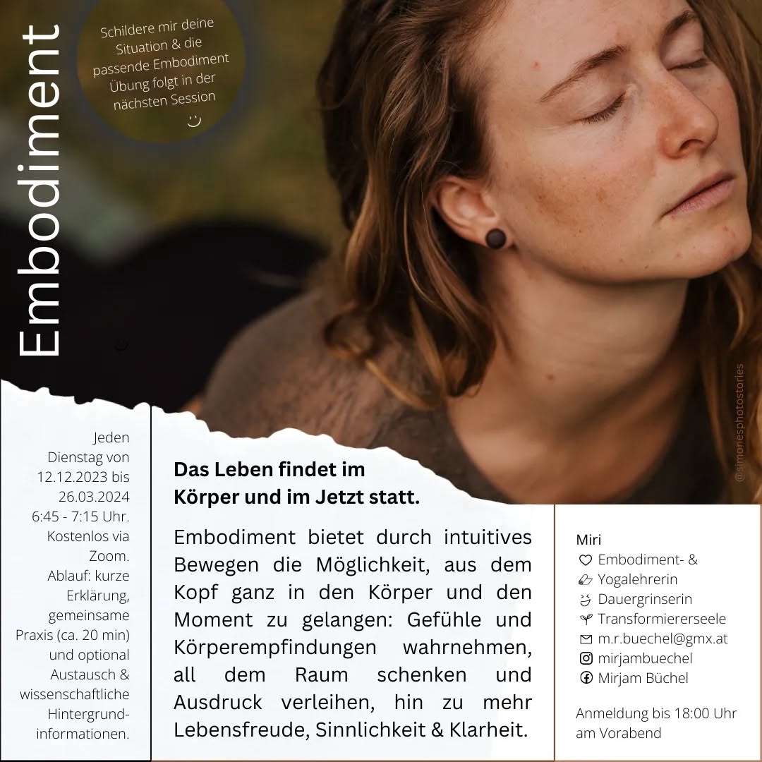 Für alle die...
...Embodiment (genauer) kennenlernen und (regelmäßig) praktizieren wollen
...mehr in der eigenen Mitte, im Körper und im Jetzt SEIN möchten
...gerne zentriert und bewusst in den Tag starten (Der Morgen macht den Tag!)
...mehr Achtsamkeit, Gleichmut, Bewusstsein und Selbstwirksamkeit haben möchten
Kostenlos, aber nicht umsonst 😉
Hilf mir, Embodiment und damit mehr Lebensqualität unter die Leute zu bringen!
📸 @simonesphotostories ❤️