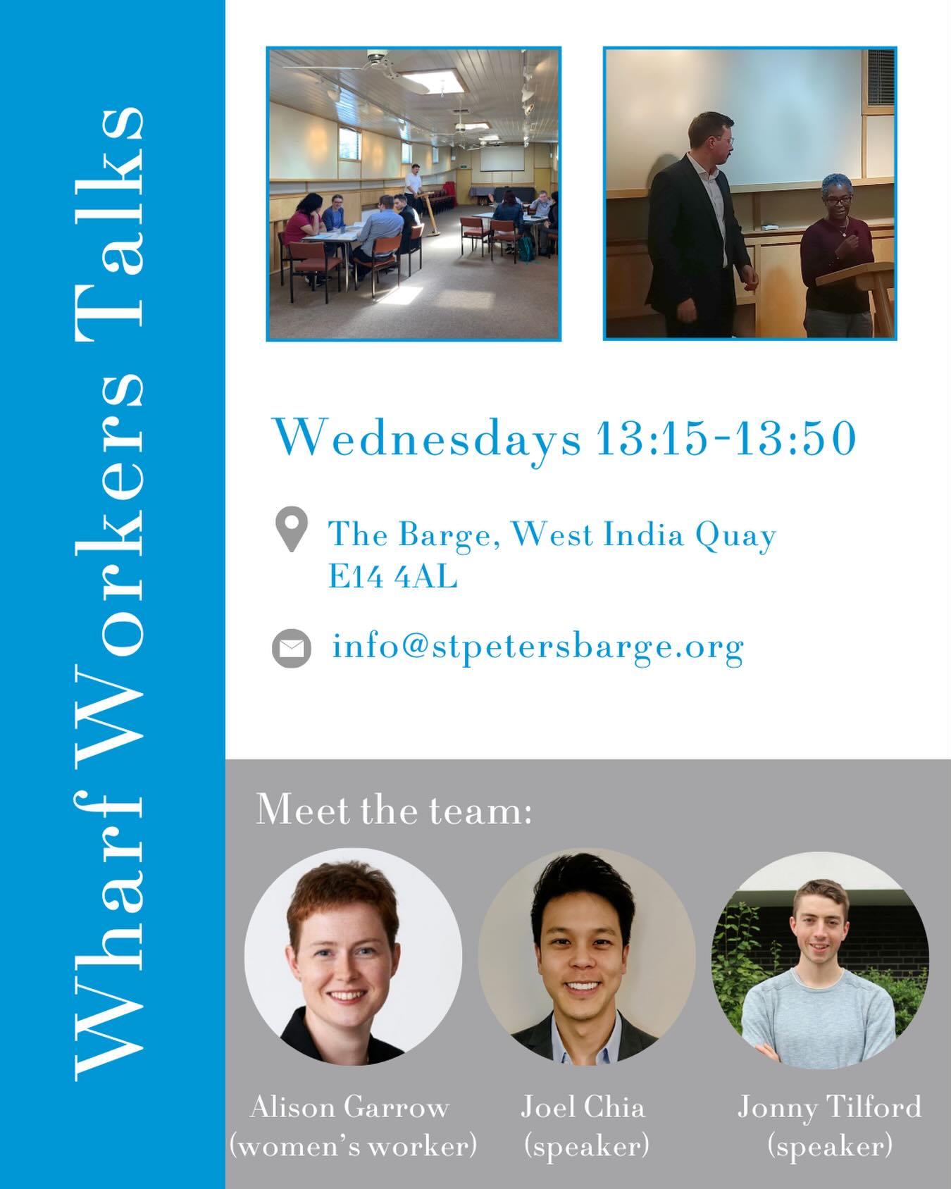 Lunchtime Talk Tuesdays!
Find out whatās going on across central London with our series introducing you to a different talk each week.
Wharf Workers Talks
Our midweek lunchtime service is aimed at workers from around Canary Wharf.
A 20-minute talk explains a Bible text and its relevance to our lives. Seating is arranged in a cafƩ-style format with hot drinks available.
Whether you are someone who wants to explore the Christian claims, or a Christian looking for teaching and fellowship ā we invite everyone to join us for a relaxed, unpressured time together.
Coming up at the Talks, a series in the book of Hebrews:
š Wednesday 28 January, your brother who helps
š Wednesday 4 February, is your heart hard?
š Wednesday 11 February, your help in times of need
See full schedule: https://stpetersbarge.org/wp-content/uploads/2026/01/Hebrews-Flyers-merged.png
Come and join us if you work in the area!
ā Wednesdays 13:15-13:50
šThe Barge, West India Quay, E14 4AL
āļø info@stpetersbarge.org
š https://stpetersbarge.org/wharf-workers/
#canarywharf #lunchbreak #christianity #gospelatwork #christiansinlondon