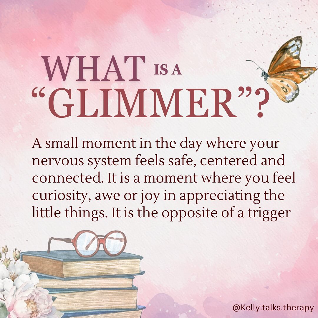 The term glimmer, coined by polyvagal specialist Deb Dana, is a micro moment that brings our awareness and attention into the present in a positive and meaningful way. It isn’t something big like a graduation or wedding day, but rather something small that sparks hope or excitement. The more we can tune into glimmers in our day the more likely we will begin to notice a stack on effect of even more positive moments which will leave us feeling grateful and optimistic mood wise! Give it a try and see how it feels ✨✨