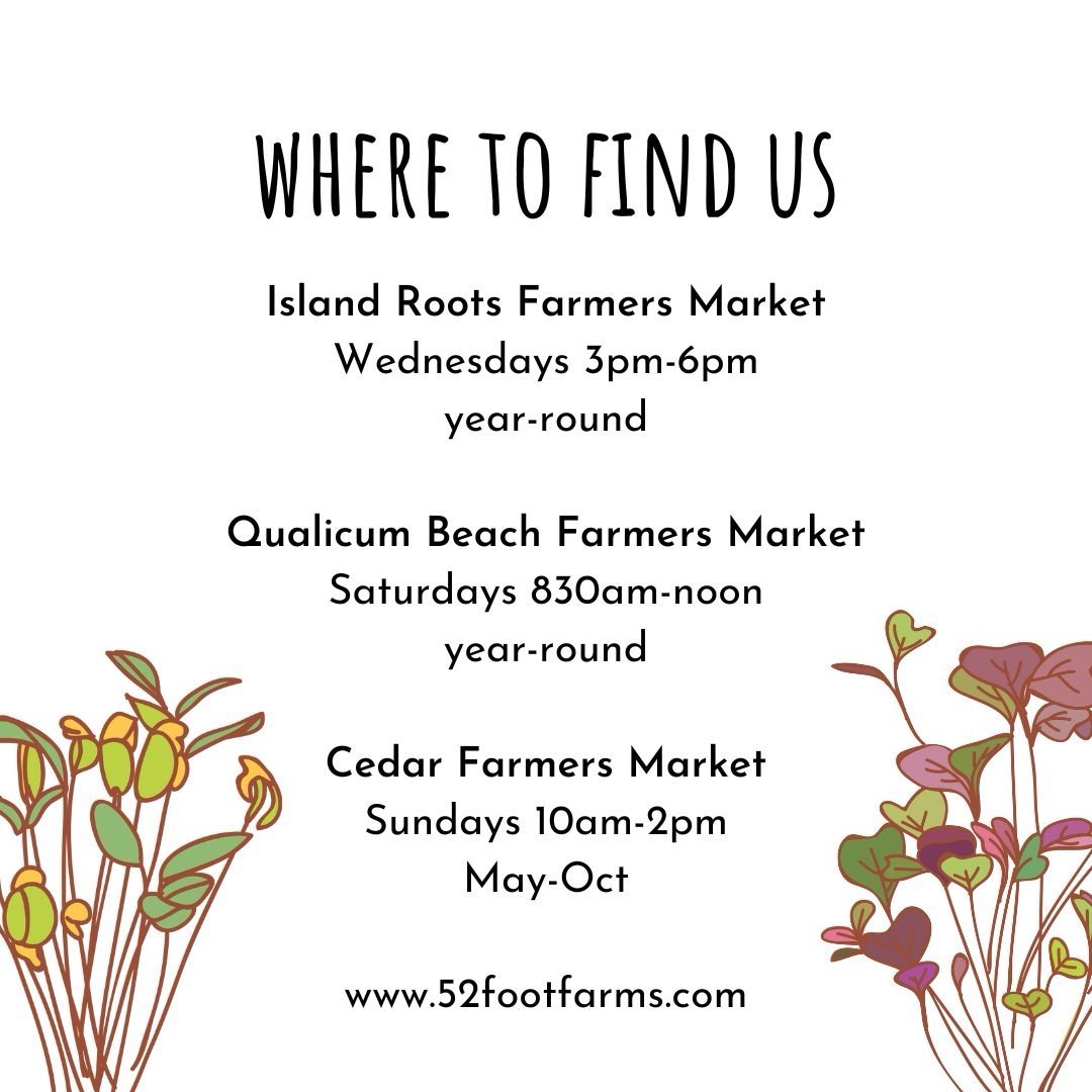 Find us at these markets every week.
Our microgreens are always harvested the day of the market at their optimal stage for flavour and nutritional content.
🌱Gourmet Mix
🌱Pea Shoots
🌱Sunflower Shoots
🌱Broccoli
🌱Radish
🌱Spicy Mix
🌱Nutrient Blend
🌱Cilantro (Qualicum only)