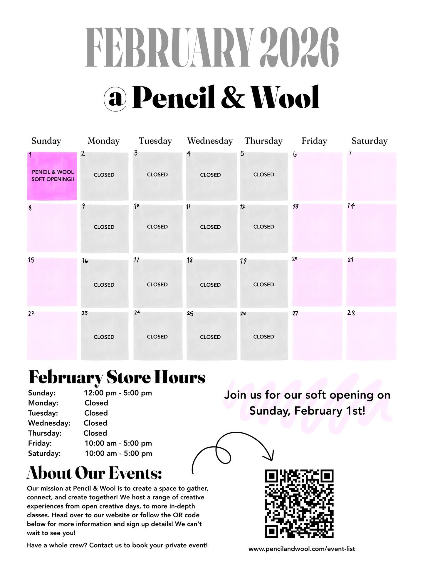 The Groundhog Parade in Essex may have been cancelled, but our opening is still on! Come inside and get warm at Pencil & Wool this Sunday, February 1st and celebrate our soft opening! Our doors will be open from 12pm-5pm, we cannot wait to see you! We are located at 12 Main Street in Essex, CT (the same building as the post office :)
•
Our hours for the rest of February have been posted along with (…drumroll please…) our event schedule for March! Head over to our website for more details and for sign-ups!
•
Pencil & Wool, 12 Main Street, Essex, CT