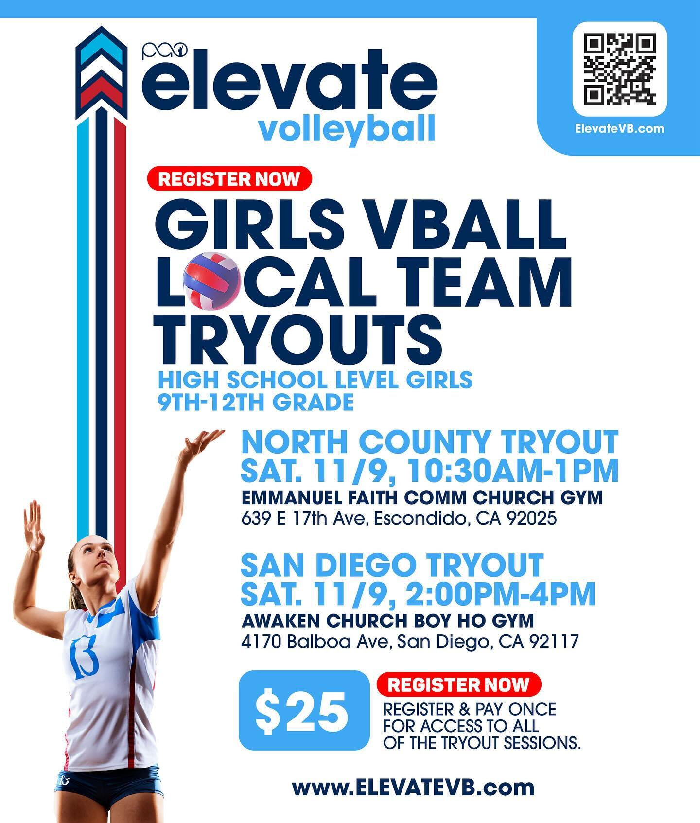 Register now for Tryouts! Registration is officially open for 2025 Elevate Girls High School Local Season! #elevatevb