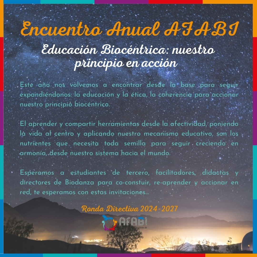 PROGRAMA GENERAL ENCUENTRO ABRIL ✳️
Atención estudiantes de tercero, facilitadores, didactas y directores de Biodanza!!!! Ya te puedes inscribir desde la pagina web al encuentro anual de AFABI 2026.
Estos encuentros están dirigidos a fortalecer el trabajo que como asociación representante a nivel nacional de nuestra praxis dentro del sistema de Biodanza, el cual continúa a través de la acción continua que tiene AFABI desde las mesas de trabajo, asambleas y ronda directiva.
Aquí les dejamos el programa donde encontrarán el link al final para que te sumes 💚 más detalles seguiremos compartiendo!! Nos vemos en la Región de Coquimbo en Abril 🙌
LINK AQUÍ Y EN NUESTRO PERFIL: https://www.asociacionbiodanzachile.cl/encuentroafabi2026