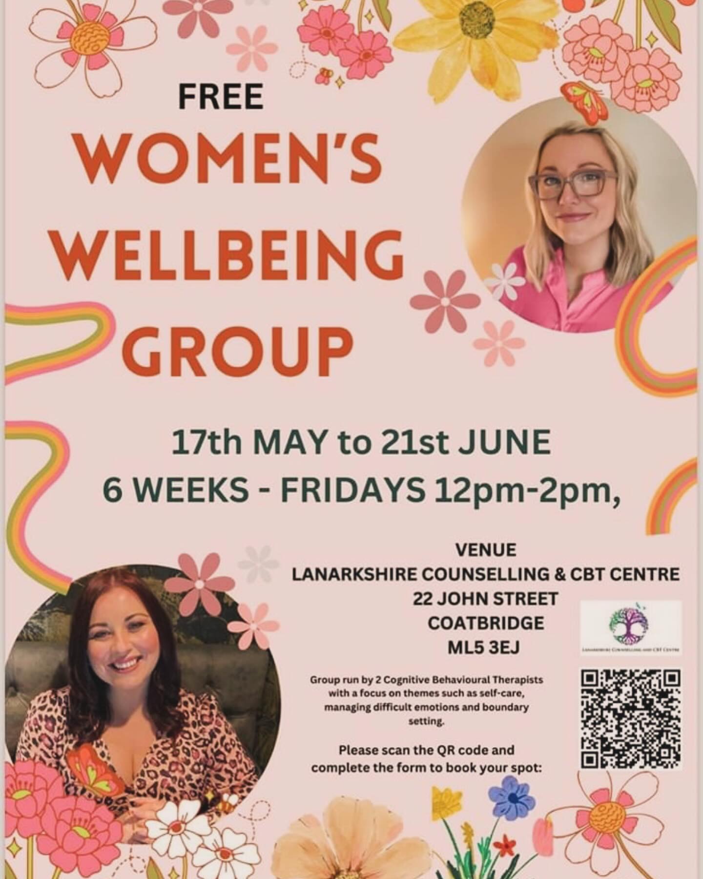 Myself and @clare_farr_therapy are hosting a FREE Women’s Wellbeing Group from Lanarkshire Counselling and CBT Centre. To book your spot please complete the following form: https://forms.gle/xge72deiTqwAd84K7