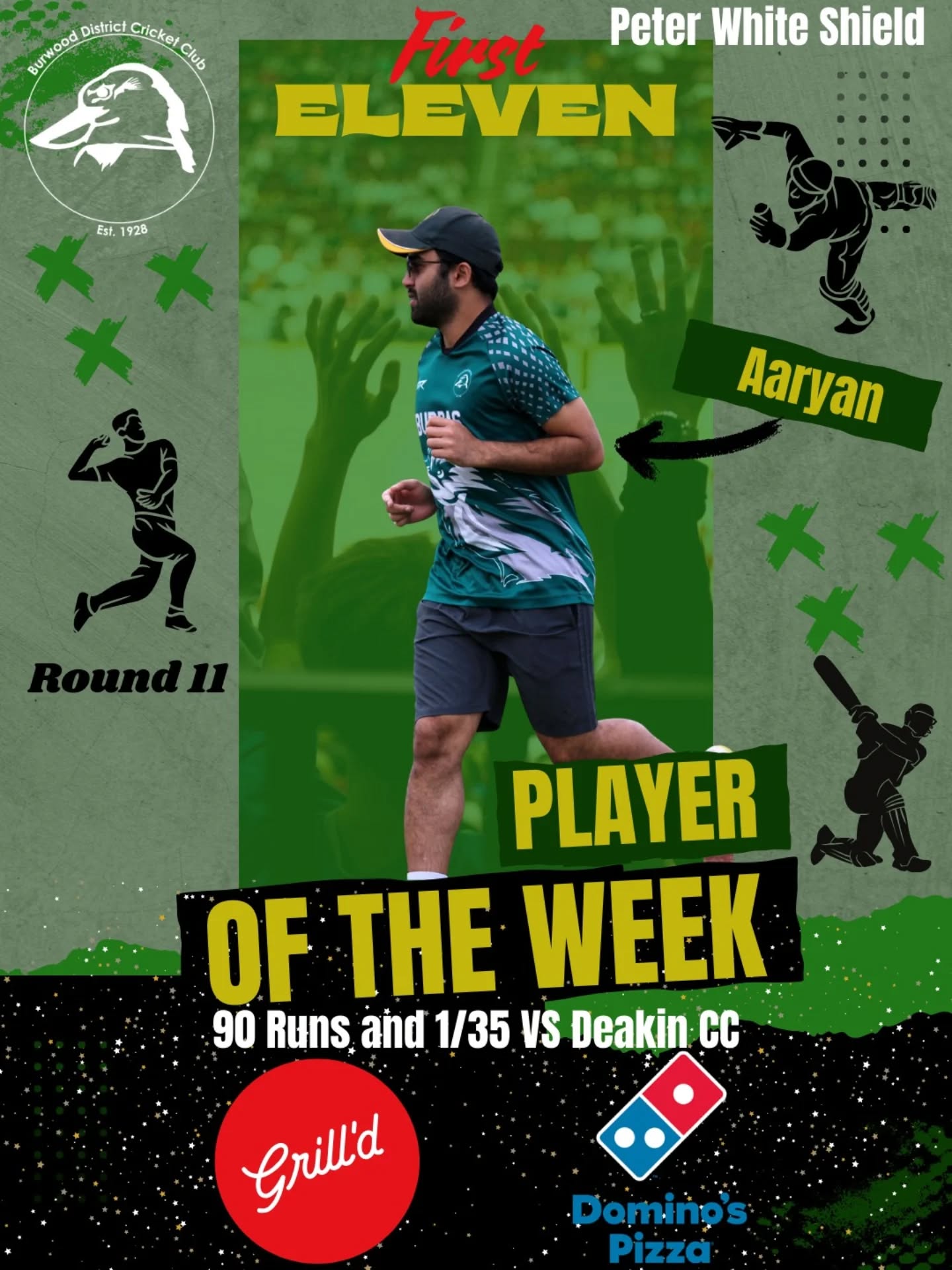 🏏 PLAYER OF THE WEEK | BDCC – WEEK 15 💚💛
🟡 1st XI – Aaryan Singh (1/35 & 90 runs)
Aaryan delivered a disciplined bowling spell first up, finishing with figures of 1/35 and keeping things tight through his overs. He then followed it with a composed and commanding innings of 90 runs, anchoring the chase and ensuring a comfortable win for the side.
Class, consistency, and impact when it mattered most.
Thanks to our sponsors @dominos_ashburton and @grilldburgers for supporting our weekly awards 💚💛