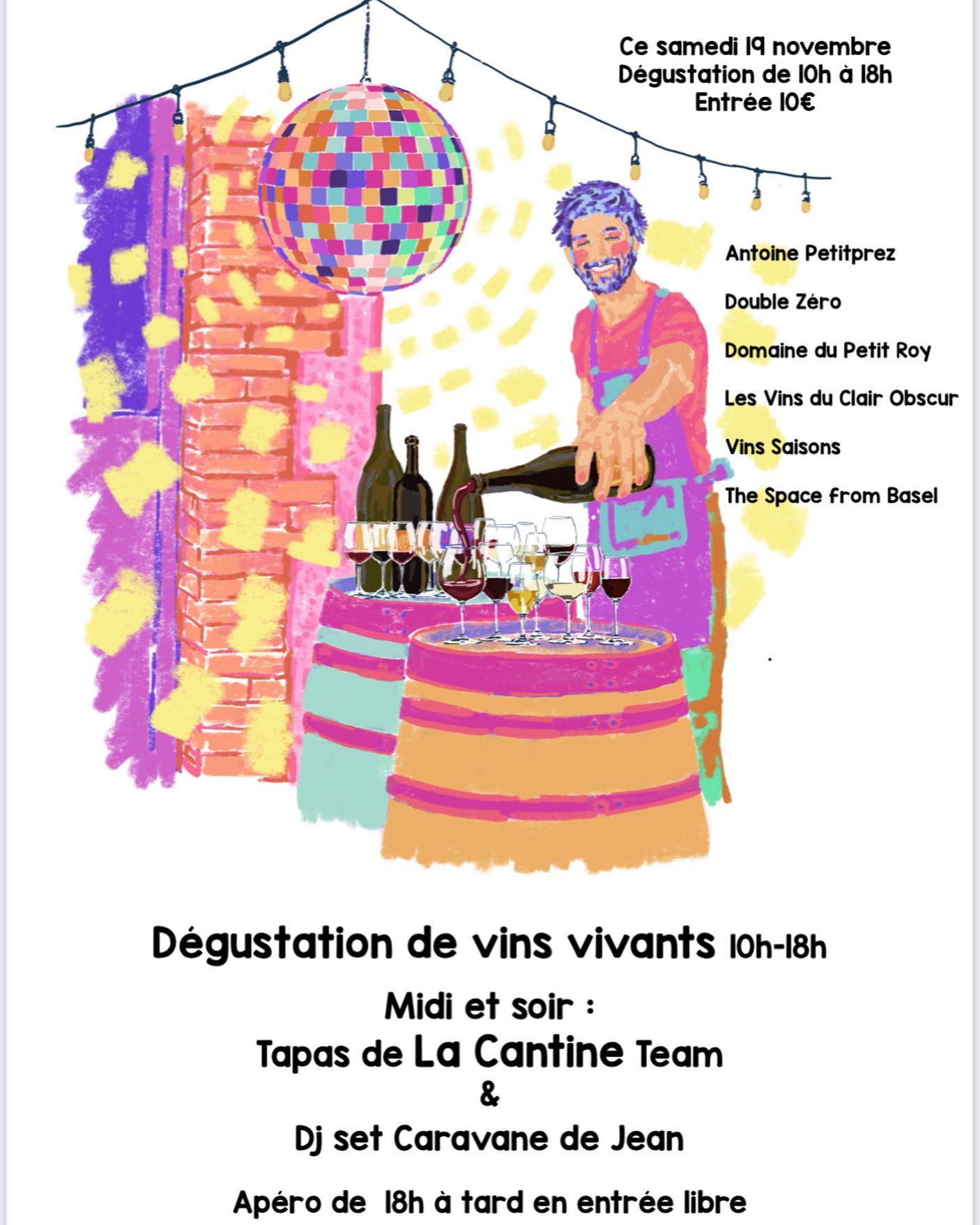 Avec bonheur & en Off à l’Imprimerie demain :
De 10h a 18h, salon de dégustation avec des vignerons engagés, à la sensibilité bien placée, pour un présent & un avenir fertile, respectueux & délicieux !
Des vins vivants, vibrants, la vie & la joie réunies !
@lacantinedelimprimerie : ça va envoyer du lourd : tapas de luxe toute la journée ! *
A partir de 18h, c’est entrée libre pour l’apéro.
La OneLife family est en place !
On vous dit à demain !
Dégustation : 10h-18h-10€
Apéro libre : 18h
Tapas : 10h jusqu’à fin de stock.
Illustration de la magnifique @worldwidesketcher
❌Attention : parce que nous les aimons :
L’événement n’est PAS ouvert à nos enfants, ni à nos compagnons de compagnie. ❌
#vdv #ventedesvins #beaune #winetasting #degustation #vinsnatures #labellevie #liquidhapiness
@lacantinedelimprimerie
@domaineduclairobscur
@doublezero_vinspurjus
@seiichi.saito.735
@vins.saisons
#antoinepetitprezvigneron
#thespacefrombasel
* #croquettesdecrevettes #arepas #huitresausabayon #tortilla #salsaverde