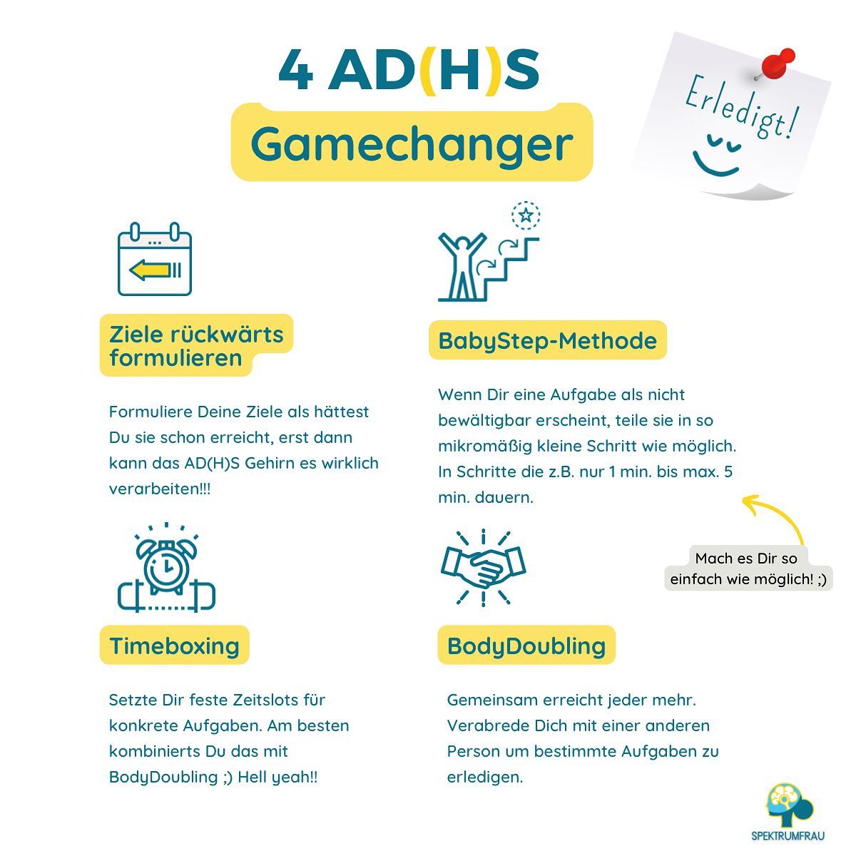 👉 Und hier kommt noch ein spezial Tipp!
💡 Und der lautet…
Die Tipps auch anwenden! 😱
Oha, mal was ganz Neues, oder? 😉
⚠️Klar, wenn man in der Situation ist, in der man das gut gebrauchen kannst, fällt es einem oft nicht.
👍 Deshalb
- speichern Dir den Post, oder
- mach Dir vllt. einen Screenshot davon, oder
- schreib die Tipps auf einen Klebezettel und häng ihn Deinen Monitor.
- Probier den einen oder anderen Tipp einfach mal zum Spaß aus, wenn Du grad mal keine Mamutaufgabe vor dir hast.
Vllt. möchtest Du auch auf meinem Blog vorbei schauen und Dir das Video über BodyDoubling ansehen.
Darin spreche ich auch darüber, worauf Du achten solltest, wenn Du privates BodyDoubling machen möchtest.
Du findest im Blogbeitrag auch Links zu Plattformen die organisiertes BD anbieten.
🌸 Welche Fragen hast Du zu den Tipps?
🌸 Was davon kennst Du schon und welche Methoden nutzt Du schon?
Liebe Grüße, Deine Anja 🙋♀️🍀
#adhserwachsene #adhsalltag #mentalegesundheit #psychischegesundheit #adhsfrauen #adhsfrau #adhsbeifrauen #adhsbeierwachsenen #adhscoaching #adhsleben #prokrastination #aufschieberitis #zieleerreichen