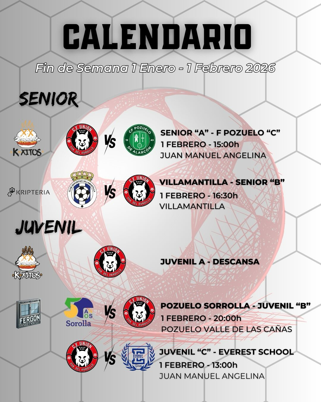 🍀Os dejamos los partidos contra los que nos enfrentamos este 31 de Enero y 1 de Febrero
❤️Mucha suerte a todos
#vamosunion #enequiposomosmejores