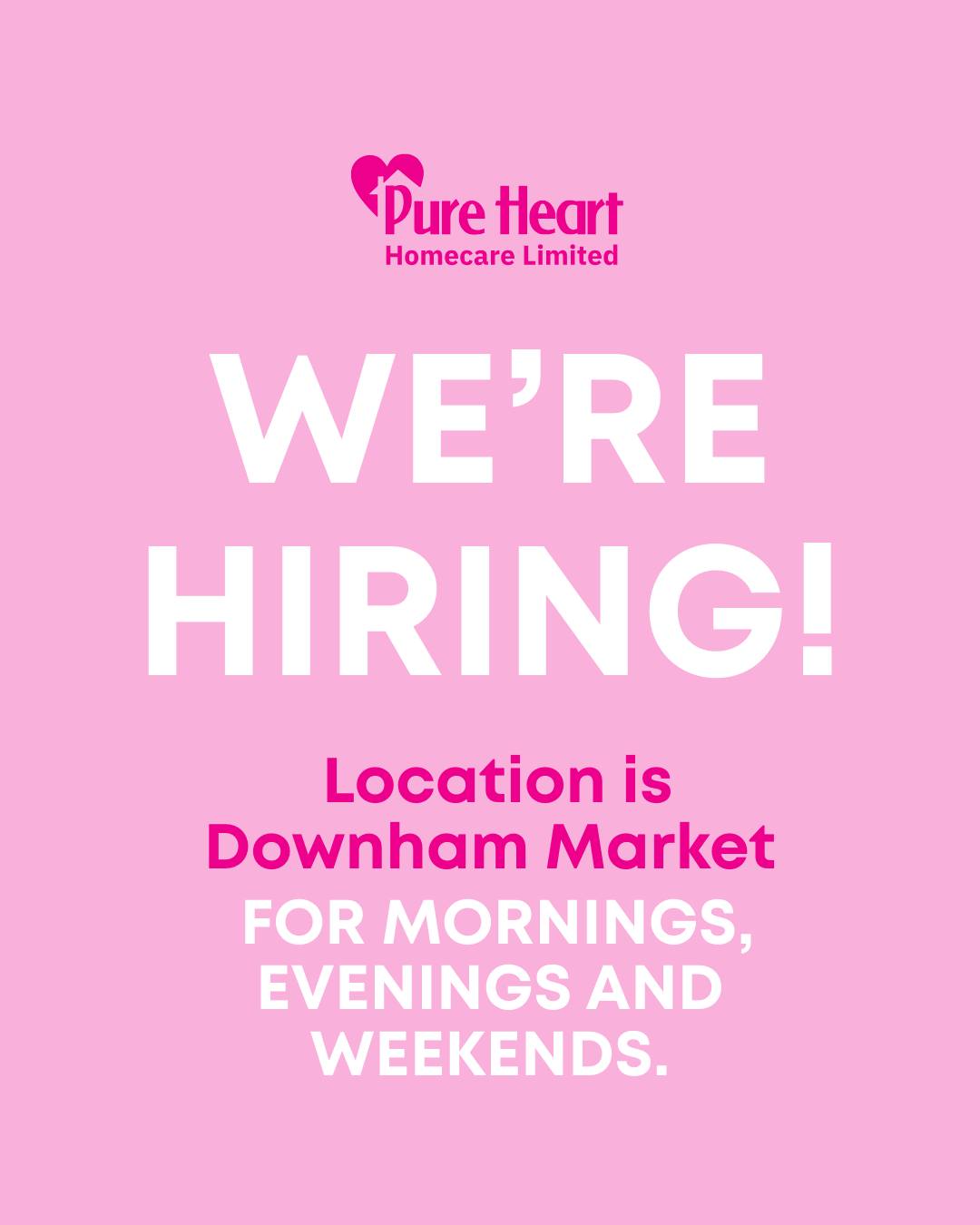 We're hiring for Support Workers to work within Downham Market on weekends, weekdays and evenings! 💗
If you're interested get in touch today or apply via our website.
01945 773861
admin@purehearthomecare.co.uk
www.purehearthomecare.co.uk/vacancies
#PureHeartHomecare #Hiring #Vacancies