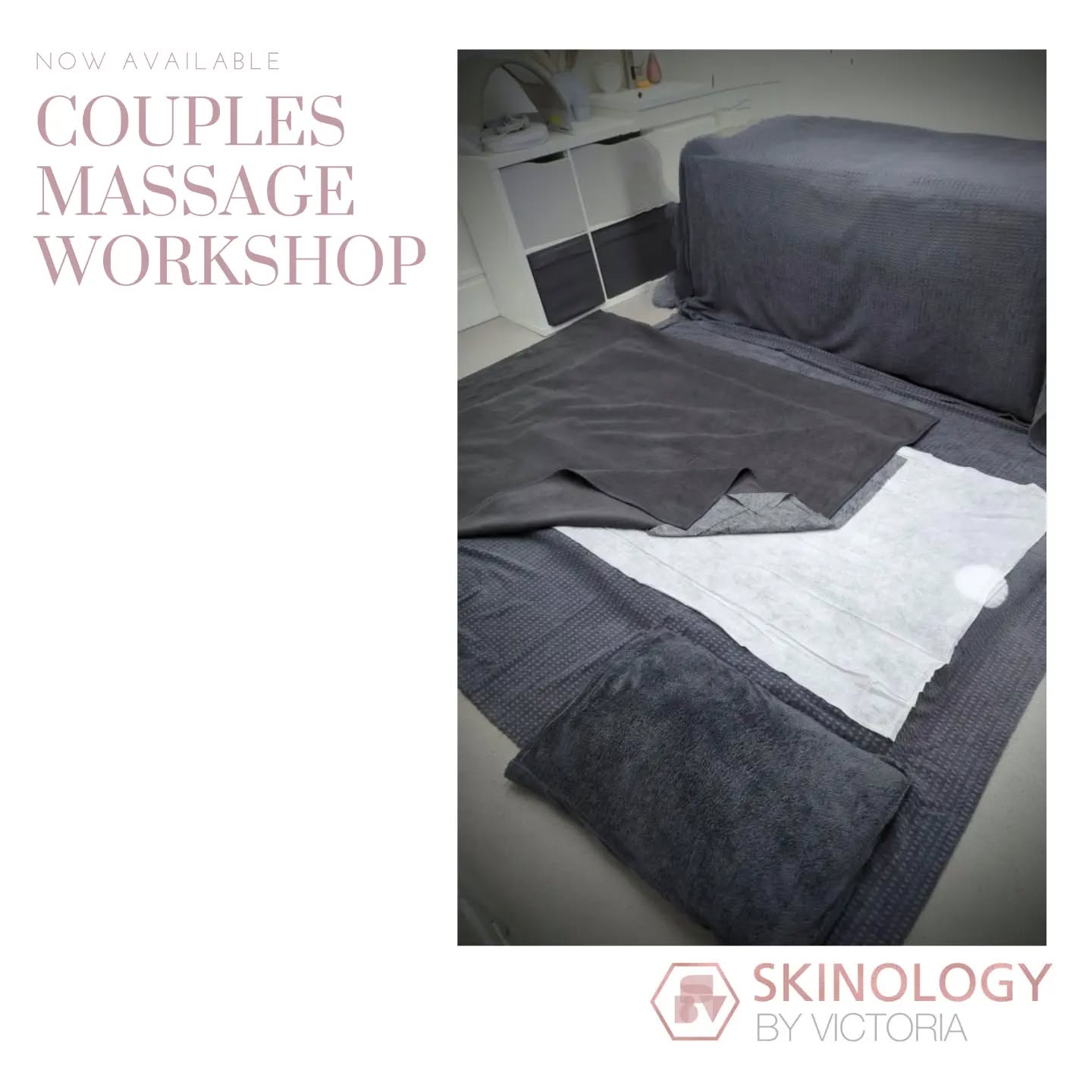 LOOKS A LITTLE DIFFERENT
The treatment studio has been moved around to become a couples massage workshop. I have replicated the scenario you and your partner will likely have at home.
The session is one hour.
During the workshop I will teach you and your partner some massage techniques to use on each other at home, this will help in relaxing your mind, and your muscles between your professional massage treatments.
- Fantastic for couples who want to learn a new skill.
- Perfect for new parents, all the picking up of baby's and toddlers takes a toll on our bodies.
- Great addition to any date night
Available to book now on website
Victoria x