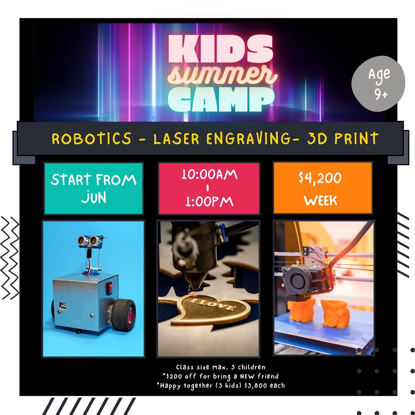 🌟 Exciting Kids Summer Camp Alert! 🌟
This summer, ignite your child's creativity at our Makey Robot and Advanced Technology Camps! Perfect for young innovators eager to explore, create, and learn.
Start Date: June
Time: 10:00-1:00 PM
Duration: 5 days a week, 15 hours per course
Booking: Open now!
Join us for a summer of learning, innovation, and fun! From robotics to laser engraving and 3D printing, we have something to spark every young inventor.
*🤖 Makey Robot*:
Programming Skills, Electronics, Circuit Design,
Robotics Concepts, Interdisciplinary Learning.
*🔥 Laser Engraving*:
Design Skills, Material Knowledge, Safety Skills,
Laser Technology.
*🖨 3D Printing Adventures*:
3D Modeling, Spatial Awareness, Technology Application, 3D Printer Tech.
#harukiroboticslab #stem #wongchukhang #smallgroup #summercamp #summer2024 #maketrobotic #laser #3Dprint #3Dprinting #laser-engraving