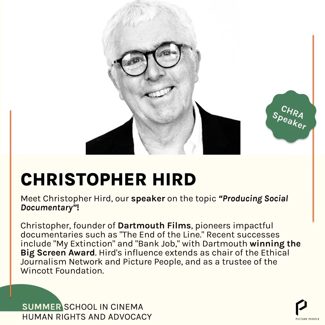 Want to elevate your filmmaking skills? 🎬
Join CHRA Summer School's speaker lineup featuring Christopher Hird, the visionary founder of @dartmouth.films .
From groundbreaking hits like "The End of the Line" to recent festival favourites, Christopher's expertise will empower you to craft compelling narratives that drive real change.
📅 Save the Dates: August 26th – September 4th, 2024
📍At Venice Lido, in the heart of @labiennale Film Festival
🔥 Don't miss this exclusive opportunity at the CHRA Summer School! Apply now: https://www.picturepeople.org/summer-school-cinema-advocacy-human-rights
This initiative is a collaboration between @PicturePeople and @GCHumanRights
#CHRASchool #GCHumanRights #BiennaleCinema2024 #CHRA #Documentary #Filmmaking #ChristopherHird #DartmouthFilms #ApplyNow #ImpactfulStorytelling #FilmEducation #ApplyToday #DocumentaryProduction #FilmCommunity #filmindustrynetwork #italy #filmworld #documentaryfilmmaker #documentaryfilm #DocumentaryFilmmaking #socialdocumentary