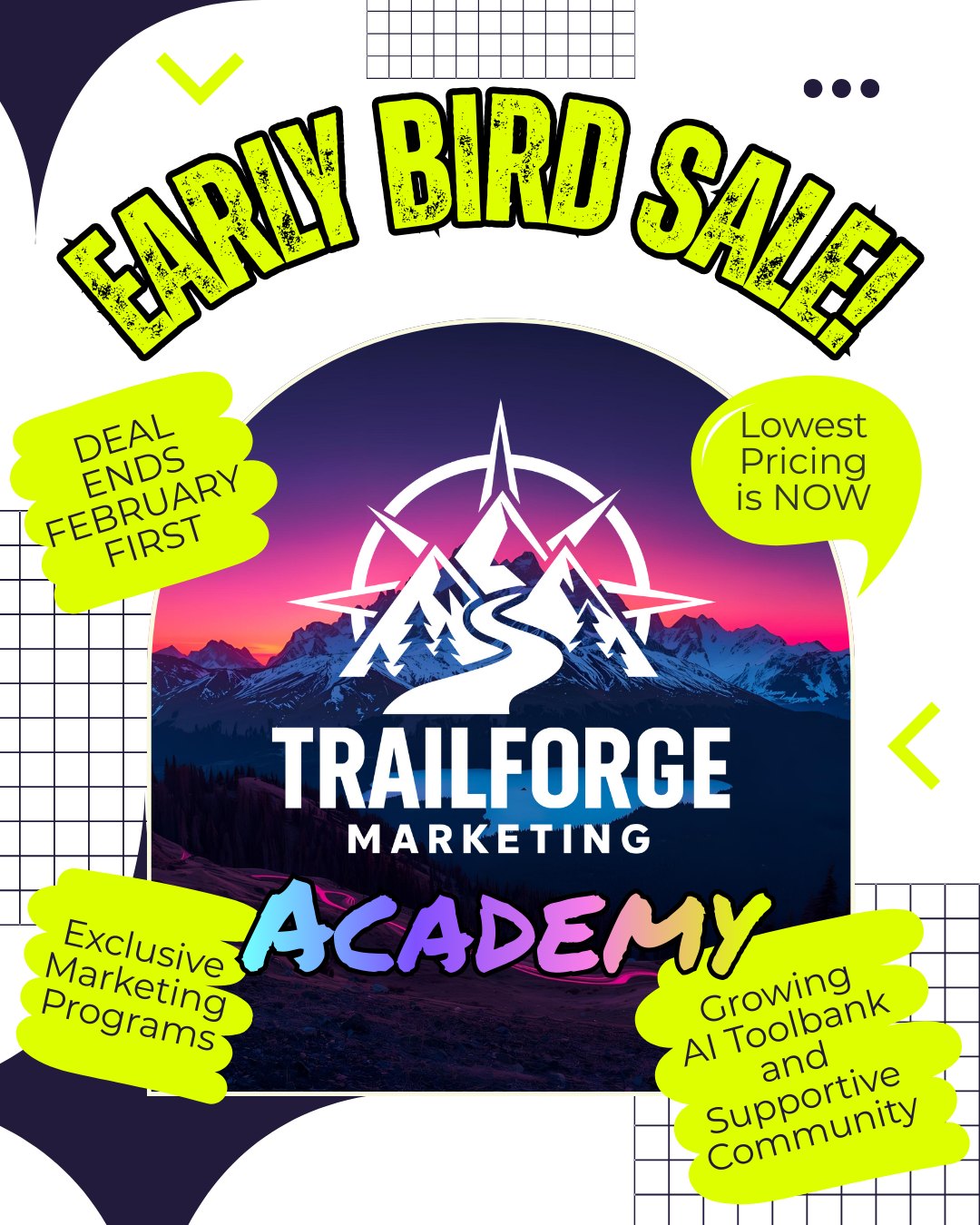 Have you ever had a rough year in your business?
You’re showing up.
Posting.
Trying to stay consistent.
And it still feels like you’re shouting into a void.
Clients come in waves.
Referrals feel out of your control.
Marketing feels heavier than it should.
You’re not failing.
You’re just doing this alone.
The Trailforge Marketing Academy was built to change that.
Inside, you’re not staring at a blank screen —
you’re supported by community and AI tools you can't find anywhere else that save you 5-10 hours on your marketing.
You also get:
• Base Camp — the email marketing foundations curriculum
• Two virtual community sessions a week, facilitated by a marketing expert.
• And as a founding member, full access to the Trailforge Framework (my flagship program, released April 2026)
⚠️ The flagship program is being removed from the Academy bundle after Feb 1 and sold separately.
(This is the only time it will ever be included.)
⏰ Less than 48 hours left
💛 $35/month (that’s $9/week)
Not more noise.
Not more pressure.
Just clarity, momentum, and finally feeling like you’re not doing this alone.
👉 Lock in early-bird pricing now visit www.trailforgemarketing.com/academy
or DM me Academy and I'll send you the link 🌄
