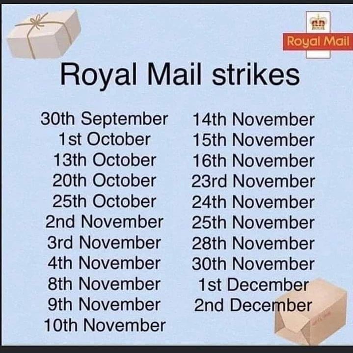 A reminder to all of our customers that there are several Royal Mail strikes coming up over the next few weeks. We are still working hard to fulfil orders as quickly as possible however, this may have an impact on delivery times.