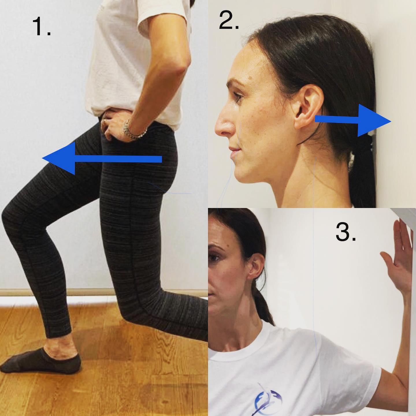 Lockdown Stretches Part 3 🙌🏻 Here are the final stretches to help those who are sitting for long days on a computer 💻 1️⃣ Hip flexors- after sitting for long periods the hips can get tight so it’s good to stretch them out. Go into a gentle lunge and push the pelvis forwards, you should feel a stretch in the top of the thigh and the front of the hip. Hold for 30 seconds if you can and breathe. Change legs and stretch out the opposite side. You can increase the stretch by reaching the arm up and over your head, use the same arm as the leg that is behind you. 2️⃣ This is a neck strengthening exercise for the muscles at the back of the neck, these muscles work hard to support the head when you’re bent over a computer so it’s important to activate them correctly. Just find a wall and position yourself with your shoulders and heels of your feet touching the wall. Keeping your chin tucked in gently, push your head back into the wall for around 10 secs. Repeat about 5 times. You should feel your neck muscles contracting. This helps your posture and aids good alignment. You can also squeeze your shoulder blades towards each other to activate the muscles between them, which helps to keep the chest open and again helps posture. 3️⃣ Pec Stretches. Find a doorway and with your arm at a 90 degree angle use your forearm to rest against the frame. Step forwards through the doorway and you should feel a stretch through the front of your chest. Hold for a few seconds then relax and repeat a couple more times. Repeat on the other side. You can slightly turn your body away from the stretch to increase it. 🛑✋🏻STOP any exercise if you feel pain. (These stretches are just suggestions and you are responsible for your own well-being whilst performing them)