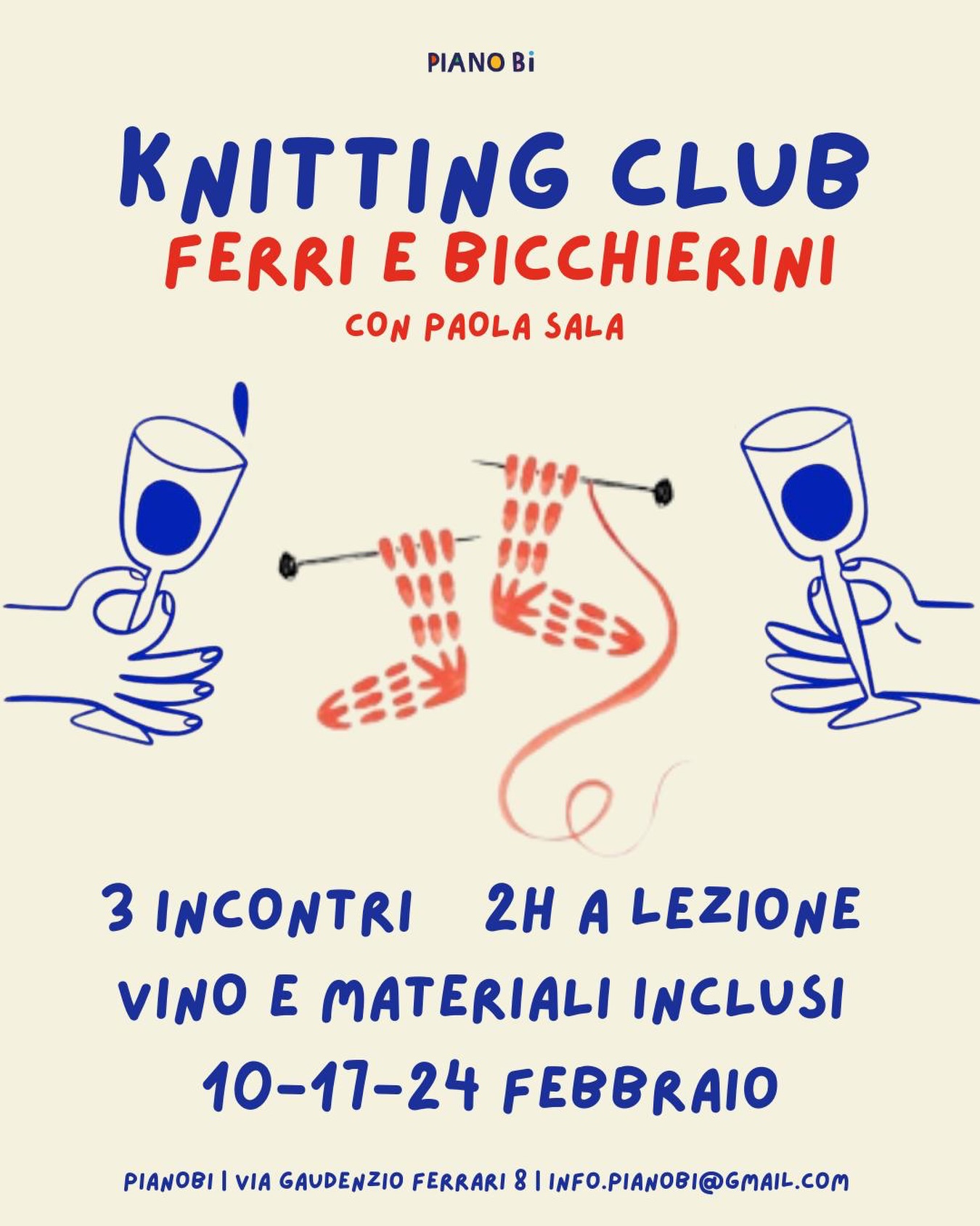 Unisciti al nostro Knitting Club 🧶
il nuovo appuntamento di PIANO Bi dedicato agli adulti.
Tre incontri curati da @paolasala_art per imparare i segreti dei ferri e realizzare un progetto da sfoggiare con orgoglio ✨
Vi aspettiamo per tre serate in compagnia, accompagnati da vinelli e chiacchiere.
Ciascun partecipante avrà il suo i kit con i materiali e companatico 🍷
Vi aspettiamo il 10 - 17 e 24 febbraio dalle 19 alle 21 qui da noi in via Gaudenzio Ferrari 8 - Milano
Pronti a sferruzzare!
