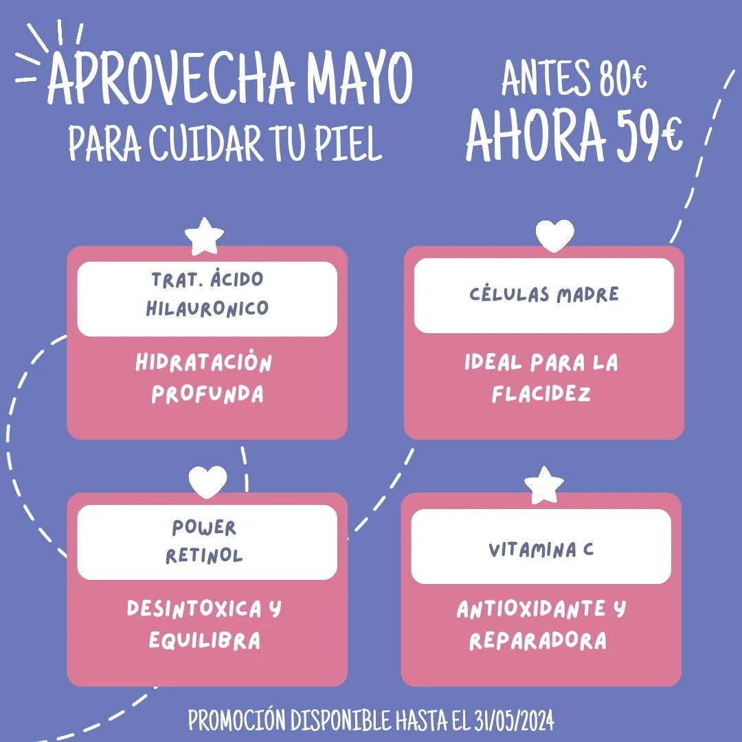 Queremos aprovechar el mes de mayo para que cuidar de nuestra piel sea más fácil así que os proponemos cuatro tratamientos distintos a un precio especial, elige el que más te guste y si tienes dudas recuerda que siempre puedes consultarnos
#acidohialuronico #retinol #vitaminac #celulasmadre #tratamientofacial #limpiezafacial #promocion #alella #estetica #esteticaalella