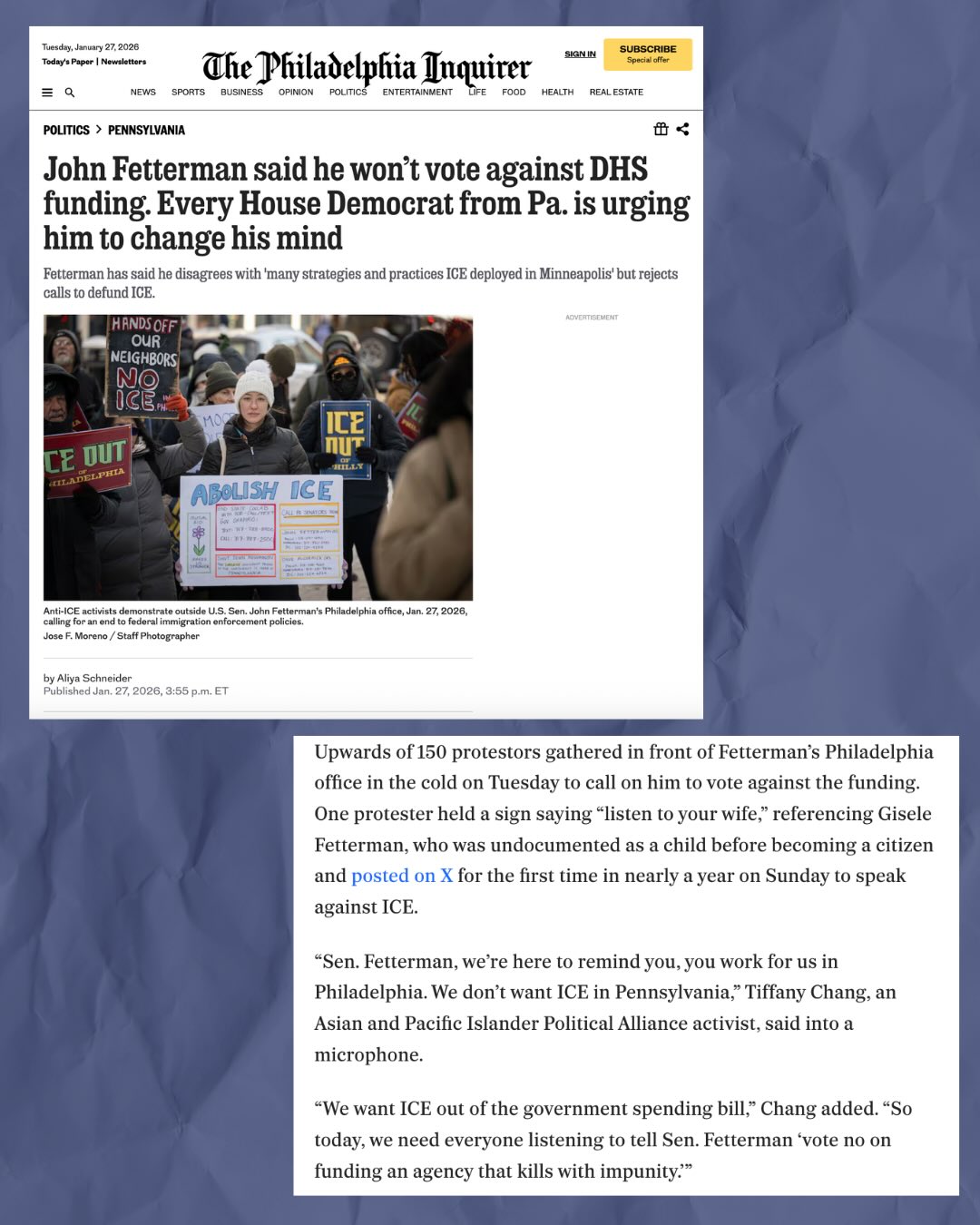 Philly showed up to tell @SenFettermanPA: NO MORE MONEY FOR ICE! ICE is killing people, and Congress is funding it. @SenFettermanPA can stop this now by cutting the money. LET HIM HEAR YOU!
📲 Text ICE OUT to 25463
☎️ Call (202) 224-4254 and tell Sen. Fetterman to vote NO on DHS money for ICE