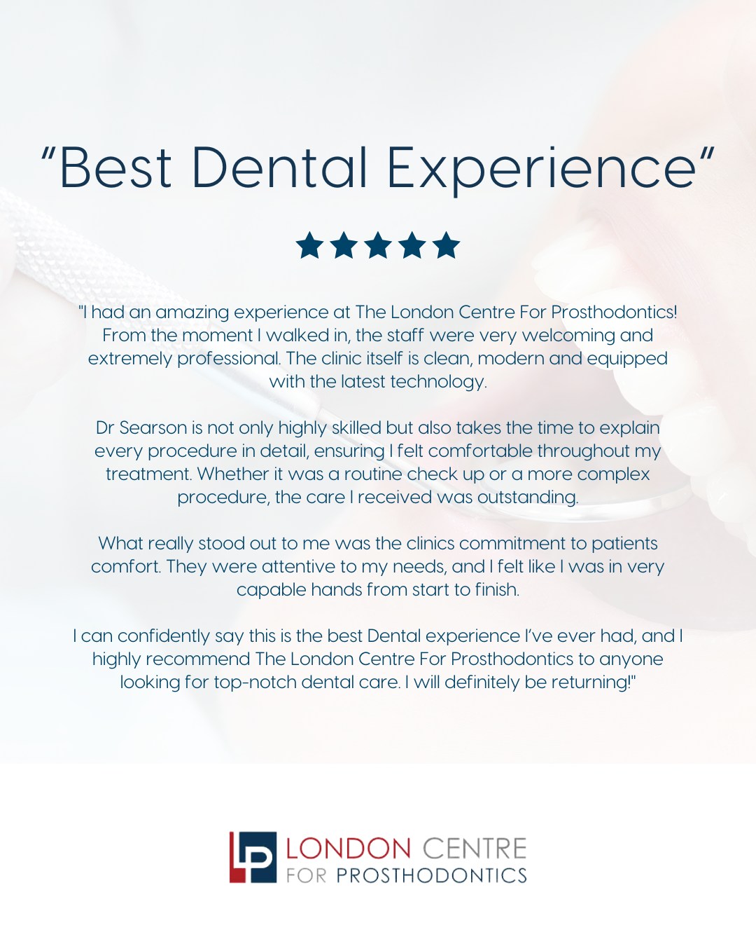 We’re always so grateful for your kind words! Thank you! ☀️😊
Have you visited us recently? We’d love to hear from you! Leave us your feedback on our website or on Google - The London Centre For Prosthodontics! 😊
Get in touch with our team to book your appointment - we look forward to seeing you soon!
The London Centre For Prosthodontics
29 Weymouth Street
London, W1G 7DB
020 7637 4518
info@londonprosthodontics.com
Monday - Friday: 7:30am - 4:30pm
#SmileMakeover #EmergencyDentistLondon #LondonDentalClinic #SmileTransformation #CosmeticDentistLondon