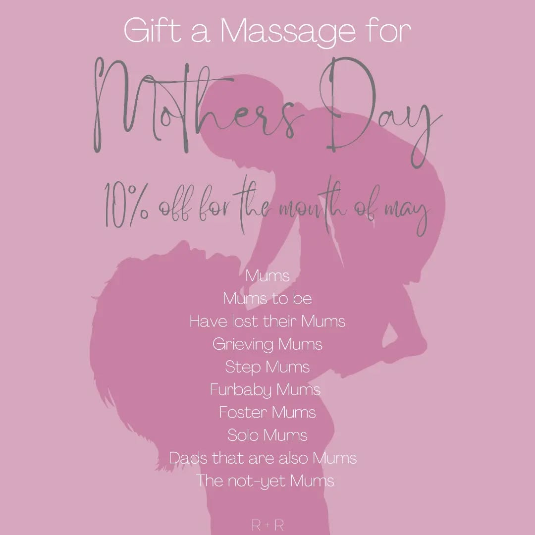 Do you know someone amazing who deserves a Massage this mother's day? 💕
10% off eGift Vouchers when you purchase during the month of May!
Buy now from www.reviveandrestore.com.au
Use promo code MUM10 at eGift Card checkout
#massage #mothersday #reviveandrestoremassage #revive #restore #melbourne #massagemelbourne #mum