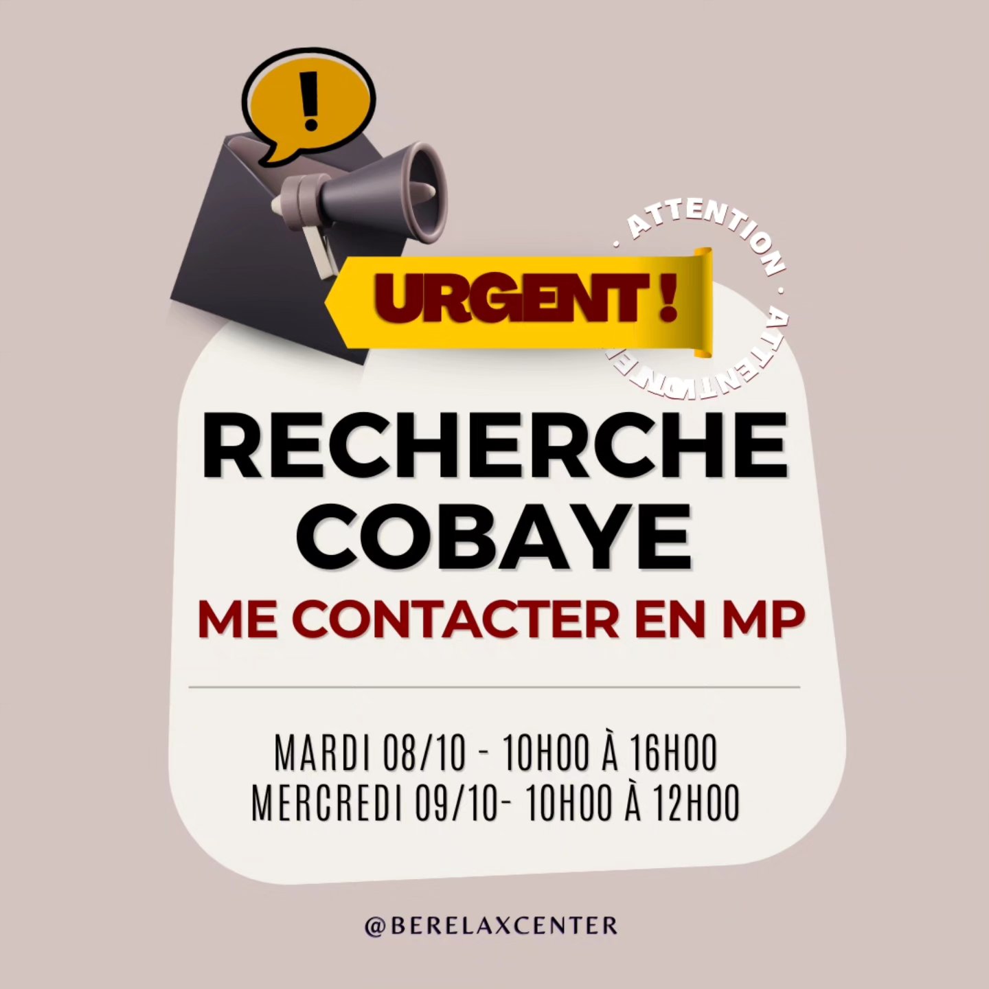 ⚠️URGENT !!! PARTAGEZ SVP 🙏
Recherche cobayes pour se faire masser gratuitement lors d'une formation individuelle massage du monde à Corbeil Essones (91).
Le mardi 8 octobre de 10h00 à 16h00
Le mercredi 9 octobre de 10h00 à 12h00, journée ou demi-journee
Me contacter en privé svp.