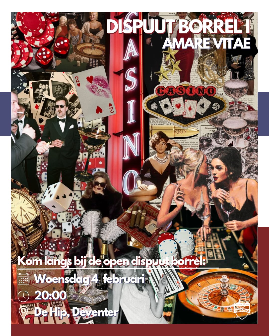 ✨DISPUUT BORREL I✨
Heb jij altijd al een kijkje willen nemen in het studentenleven van Deventer? Dit is je kans!
Ons nieuwste dispuut, Amare Vitae, organiseert een super leuk themafeest! Deze avond krijg je kans om vrijblijvend een avond mee te genieten bij Nescio🕺🏼Mis het niet!🪩
📆 Woensdag 4 februari
⏰ Vanaf 20:00
📍 De Hip, Deventer
💄Dresscode: Casino Royale
@dispuut_amare_vitae