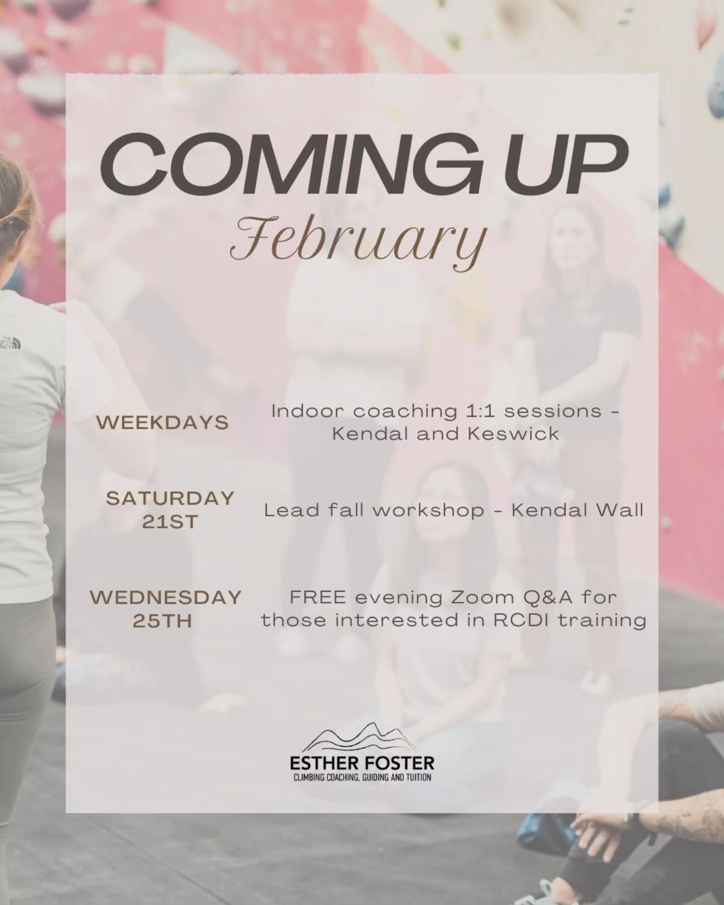 Coming up.....
➡️ Drop me an email for private bookings and coaching sessions
➡️ Book via my website for group courses and workshops
🙂🌟🧗