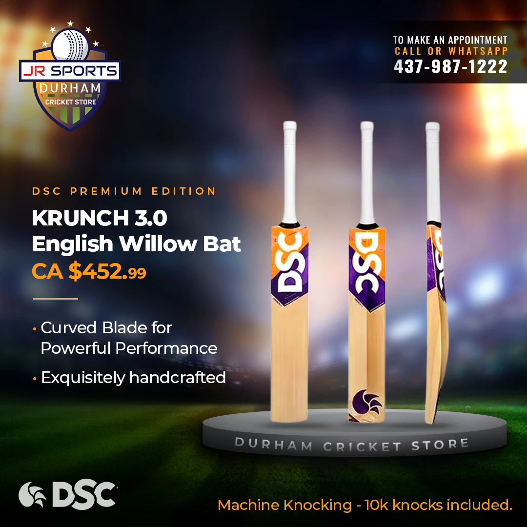 GRADE 2 ENGLISH WILLOW CRICKET BAT
A powerful profile best cricket bat with big edges and a generous sweet spot, the Krunch 3.0 is made for the player who likes to take control
Weight: 1050 - 1120 g (Mens)
Handle: Short Handle
- Made from top quality grade 2 natural English willow
- Handcrafted by master craftsman
- Treble spring handle for maximum shock absorption and strength
- Traditionally shaped and massive edges at the drive zone
- Pronounced bow for unparalleled stroke play
- Designed for the powerful and dominating stroke
DSC Krunch series - Hand-crafted by experts 🏏 #krunch
#dsccricketcanada #durhamcricketstore #durhamcricketclub #whitbycricketclub #whitbycricketcanada #cricketincanada #cricketcanada #ontarioncricket #officialcricketcanada #dscfearlesscanada #dscfearless #whitby #durhamcricket #durhamregion #ontario #canada