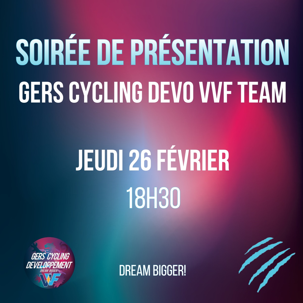 🚴♂️ Soirée de présentation – Gers Cycling Développement VVF
Une nouvelle étape s’ouvre pour le Gers Cycling Développement.
Et on a envie de la vivre avec vous.
📅 Jeudi 26 février
🕡 18h30
📍 Le lieu sera dévoilé très bientôt…
Cette soirée marquera un moment fort du projet :
👉 la présentation officielle de l’équipe 2026
👉 la découverte de notre nouveau maillot
👉 nos ambitions sportives et humaines
👉 la rencontre avec les coureurs et le staff
Une première dans le Gers, portée par l’énergie de notre partenaire majeur Véranda et Verrière de France
Un temps simple, convivial, authentique.
Du cyclisme, des valeurs, des échanges.
Un buffet sera partagé pour prolonger les discussions.
📩 Pour nous aider à organiser la soirée :
📧 gerscyclingdevo@gmail.com
👉 Réservez la date.
La suite arrive très vite.
Dream Bigger Together 🚀
@crealudiffusion @eleclercauch @sosparebrisepluslislejourdain @ozarm_sport @21street_gaming @jomasport Groupama @sonia.reflectin STSI @chateausaintmartory GUIA @kcocafe @nvdp_bikefitting @tbrsportperformance MC3M @final__video SAS GEOFFRAY BISIAUX