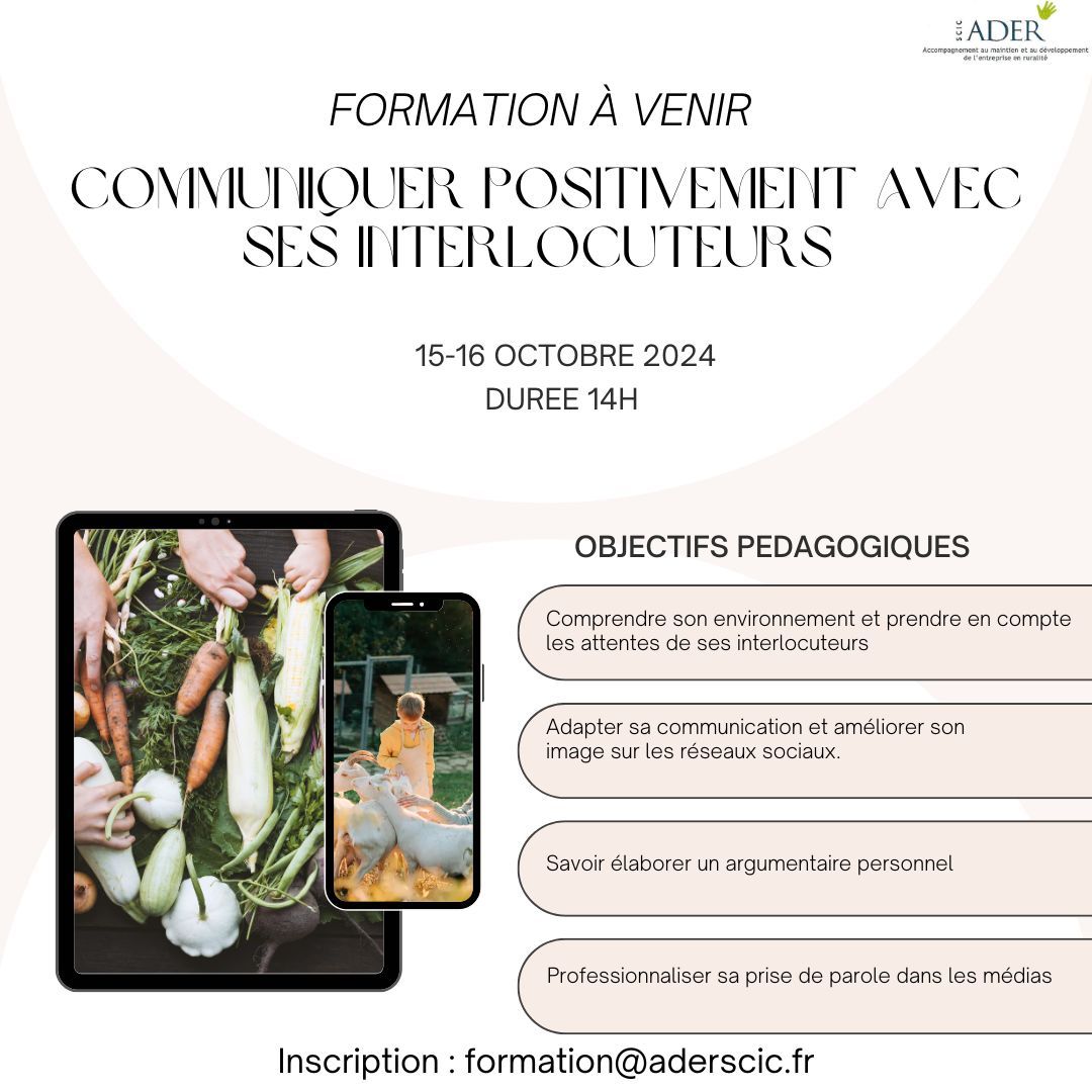 Vous êtes agriculteur et vous souhaitez renforcer votre communication positive avec vos interlocuteurs?
N'attendez plus pour perfectionner vos compétences en communication! Inscrivez-vous dès maintenant!
🎯 Objectif pédagogique:
✅ Affiner votre présence et votre expression sur les réseaux sociaux, pour une communication professionnelle et percutante.
🗓️: 15-16 Octobre 2024
📍 Lieu: Lons
✨ #formation #communication #agrotourisme #ventedirecteproducteur