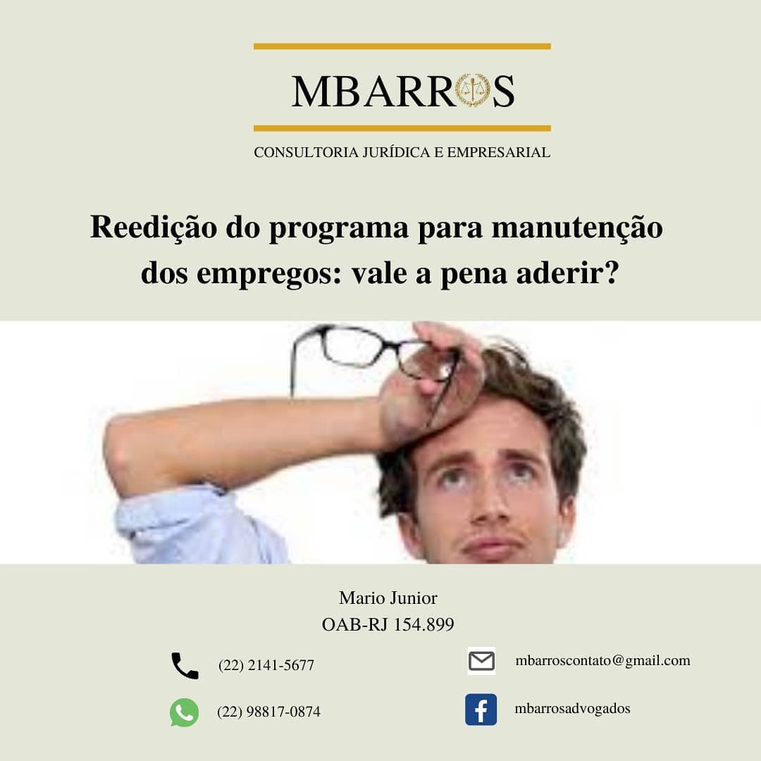 Programa para manutenção dos empregos deve retornar nesta semana!
Conforme ocorreu no início da Pandemia em 2020, com a reedição da Medida Provisória 936 empregados e empregadores poderão celebrar novamente acordos
para Suspensão dos Contratos de Trabalho ou Redução da Jornada de Trabalho.
É o retorno do chamado Benefício Emergencial de Manutenção do Emprego e da Renda.
Desta forma, os salários e as jornadas poderão ser reduzidos em 25%, 50% e 70% em acordos individuais ou coletivos, sendo que o
o governo federal pagará uma compensação proporcional à redução salarial, calculado sobre o valor do seguro-desemprego a que ele teria direito.
Válido ressaltar que:
- Empresas de médio porte (receita bruta superior a R$ 4,8 milhões): caso optem por aderir, devem pagar ajuda compensatória mensal no valor de 30% do salário do empregado;
- Trabalhador Intermitente: o valor a ser pago será de R$ 600.
- Acordo coletivo: os percentuais de redução salarial poderão ser diferentes dos 25%, 50% e 70% previstos pelo governo.
A publicação da Medida Provisória deve ocorrer até o dia 30/04/2021.
***
=> Se, por um lado é certo que a adesão ao programa aliviará empresas que passam um momento apocalíptico em sua história,
por outro lado é necessário ponderar sobre a estabilidade assegurada aos empregados pela quantidade de meses em que ocorrer a redução da jornada de trabalho.
Resumindo: se a sua empresa possui uma boa gestão* e acredita que pode superar esse período, o subsídio pode ser útil. Caso contrário, pode ser um verdadeiro "tiro no pé".
*Boa gestão não se resume a ter um bom controle financeiro, mas também à capacidade de readaptação em novos ambientes (ex. vendas online).
***
Conheça mais em
=> www.mbarrosadvogados.com.br
#direito
#trabalho
#empresarial
#atualização