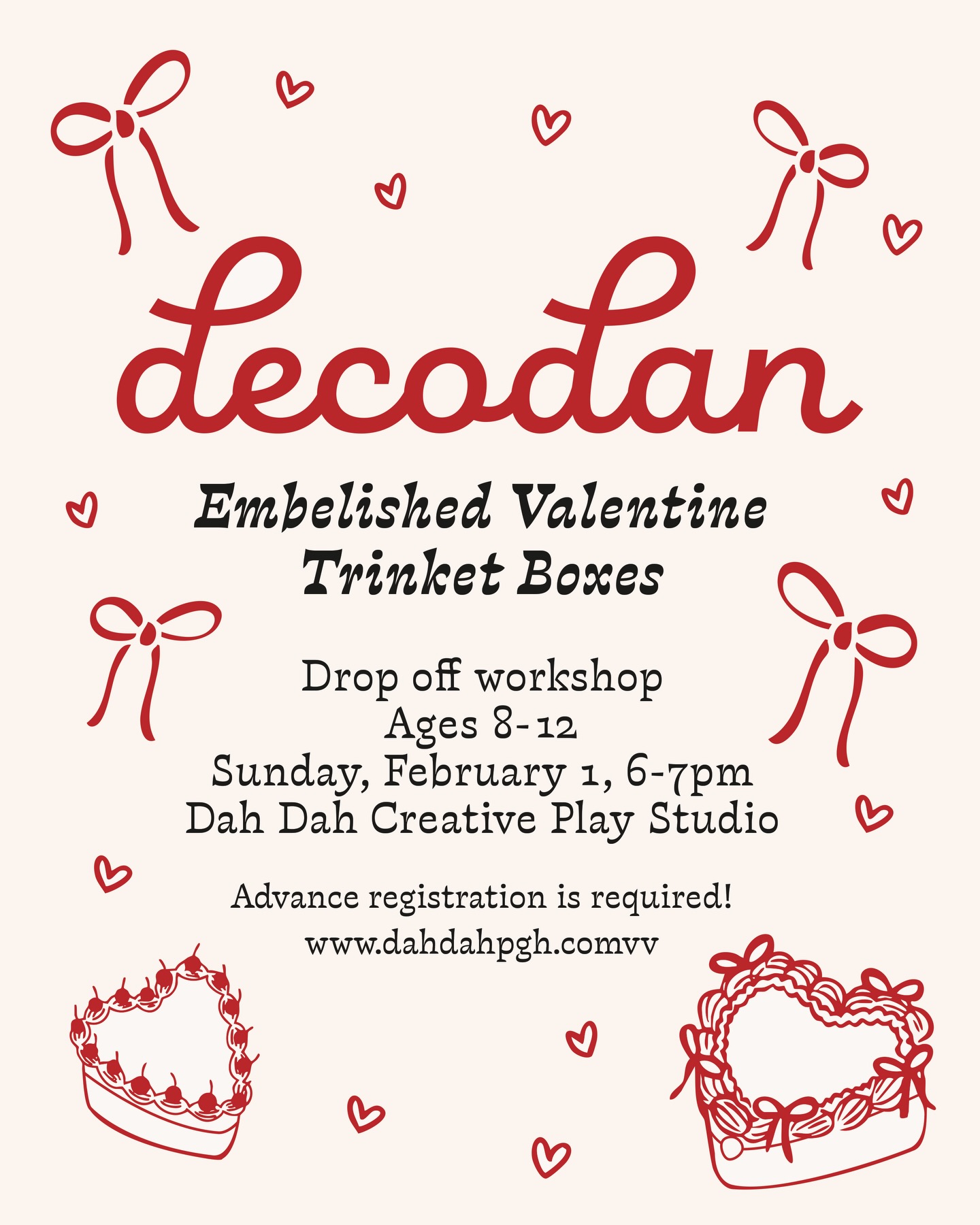💝 DECODAN 💝 New time! Decodan is a Japanese craft method using a clay that looks like frosting as a base adorned with embellishments. We’ll be using this method on a heart-shaped ceramic trinket/jewelry box. This is a drop off class for ages 8-12. Sign up on our website: linked in bio