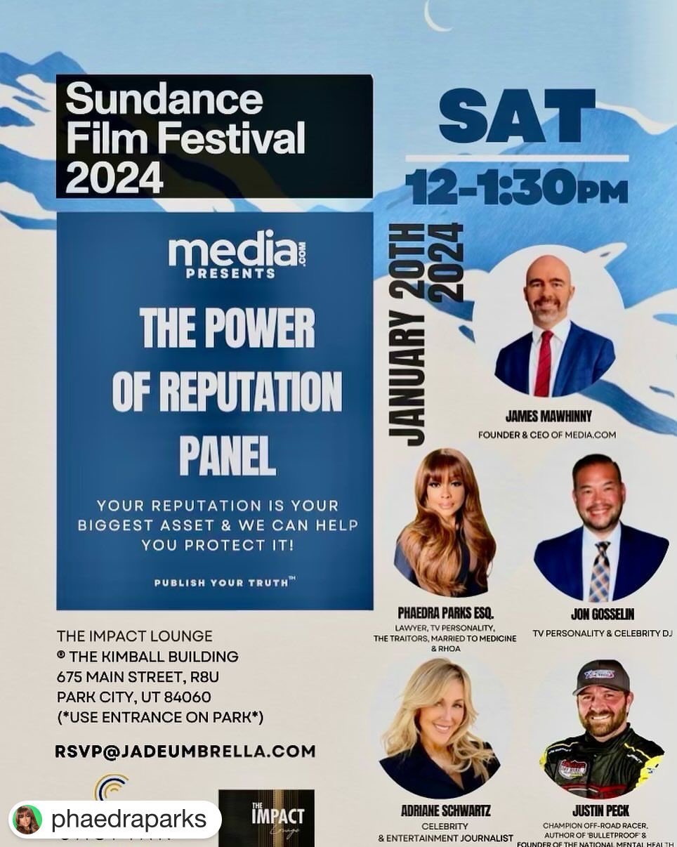 #Repost @phaedraparks with @get.repost
・・・
Join me this Saturday, January 20 at the #Sundance #Filmfestival @mediadotcom_official #Power of #Reputation panel from 12-1:30pm #RSVP now #UTAH @jade_umbrella @adrianeschwartz @jongosselin1 @justinpeck49