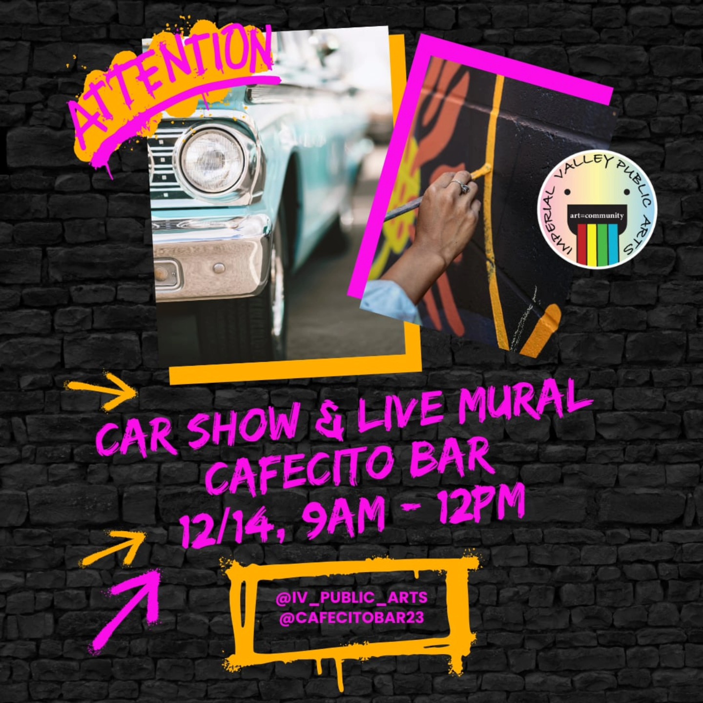 Join us this Saturday, 12/14, for a car show and live mural at Cafecito Bar in Brawley, from 9 AM to 12 PM!
.
.
.
Be sure to check out our booth for some cool merch and artwork. We will have Brawley mural postcards, t-shirts, IVPA bags, stickers, low rider car drawings, and Frida Kahlo prints.
.
.
.
Don't miss out!!!