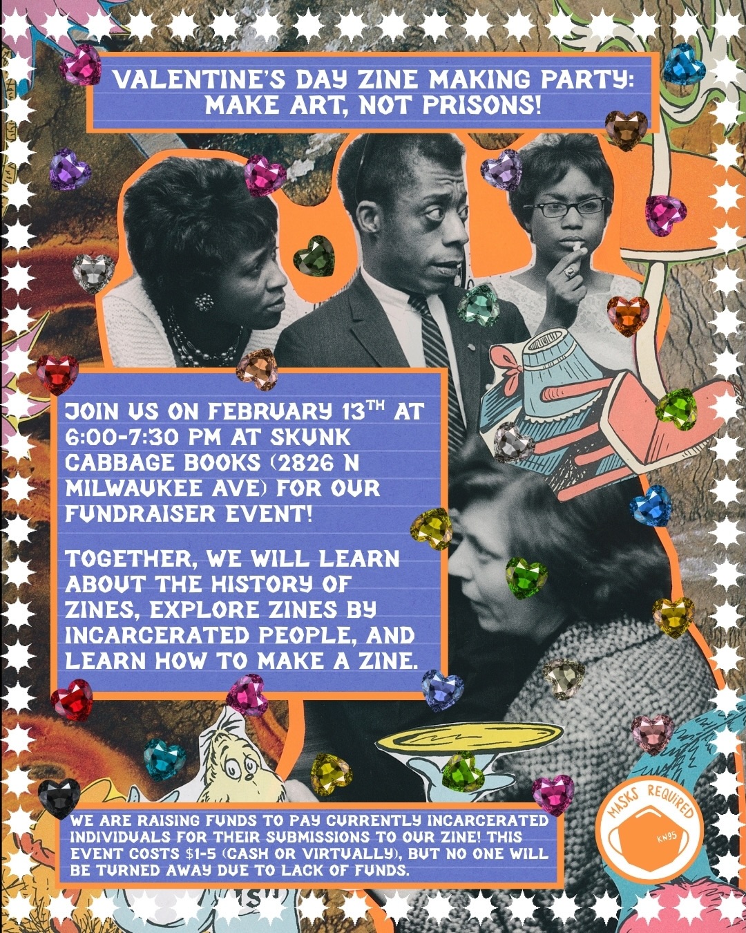 Join No New Prisons Illinois / @nonewprisons.il on February 13th from 6:00 to 7:30 PM CT at Skunk Cabbage Books / @skunkcabbagebooks (2826 N Milwaukee Ave, Chicago, IL 60618) for a fundraiser event.
They’re collaborating on a zine with currently incarcerated people in Illinois. This zine will address the impact of the Illinois Department of Corrections, the challenges faced by those incarcerated, and their visions for a better future. Funds raised will help pay contributors for their stories.
They will provide materials, but feel free to bring your own. At this event, people will explore the history of zines, explore zines by incarcerated people, and create one together.
Please wear a mask; they’ll provide KN95/N95 masks and an informational zine about masking. An air purifier will be available, and the bookstore is wheelchair accessible. All of the accessibility information is listed on the third slide.
If you have questions, please comment or message No New Prisons. We look forward to seeing you there!