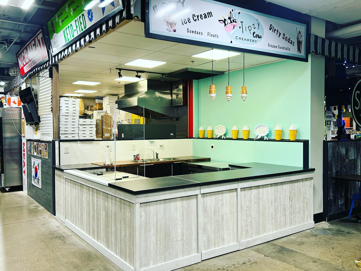The #booth is almost complete at the @freshandlocalmarketandkitchens we are working on getting up and running to serve you #boozy #icecream and #dirty #sodas