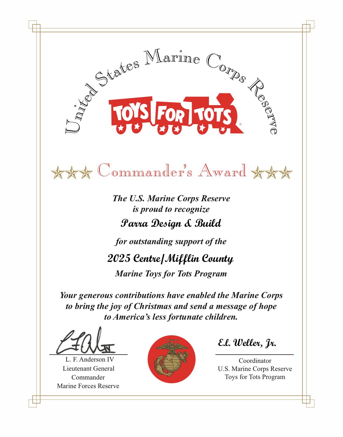 We are honored to be recognized by the U.S. Marine Corps Reserve with the Commander’s Award for our continued support of the Toys for Tots program with @toysfortotscentrecounty
Giving back through this incredible program is about more than toys — it’s about strengthening our local community, supporting families, and helping ensure every child experiences the joy and hope of the holiday season. We’re grateful to play a small part in something that has such a meaningful impact right here at home.
Thank you to the Marines, volunteers, and everyone in Centre/Mifflin County who makes this program possible. We’re proud to stand behind a cause that truly makes a difference. 🎄❤️