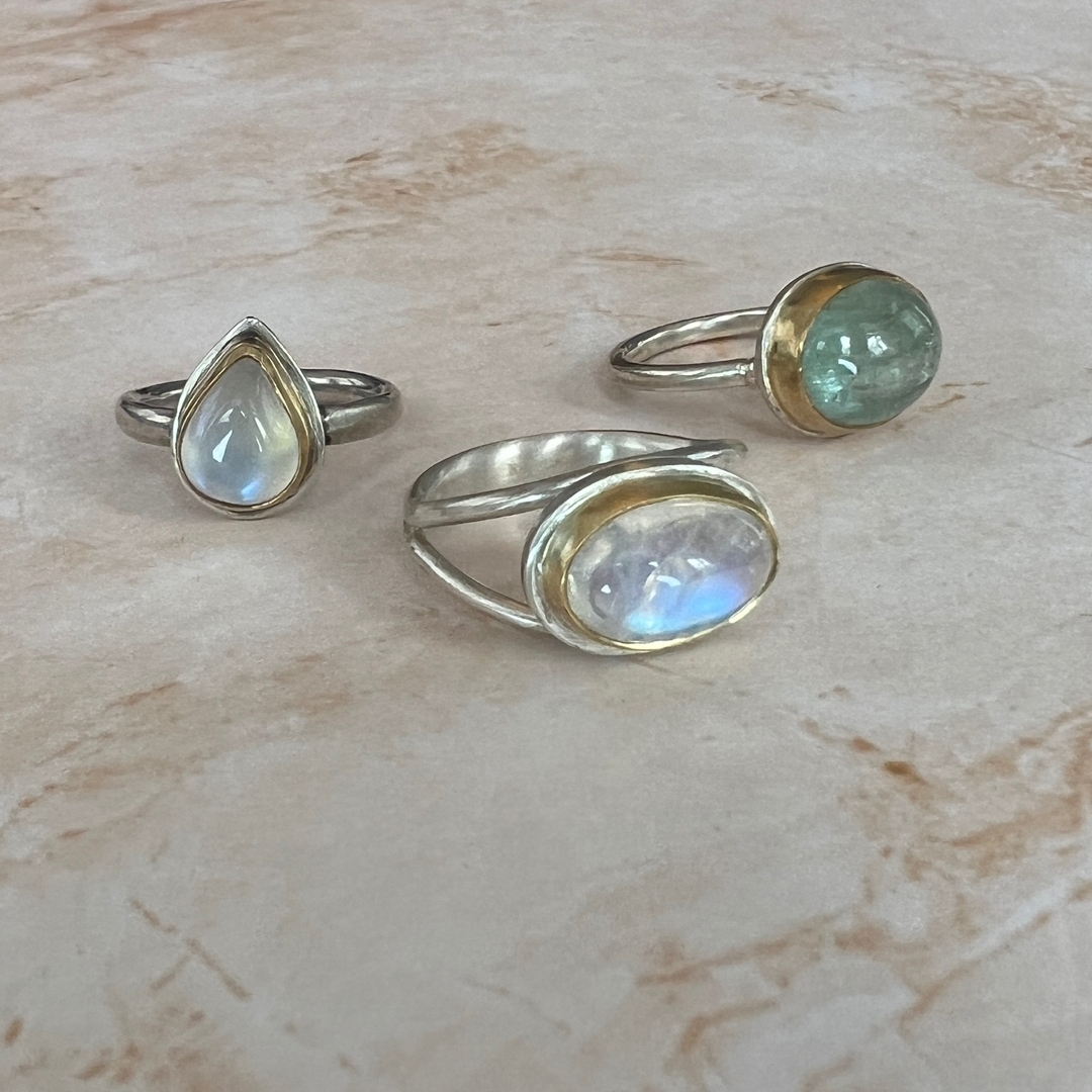 Moonstone and Aquamarine rings #amycashjewelry
