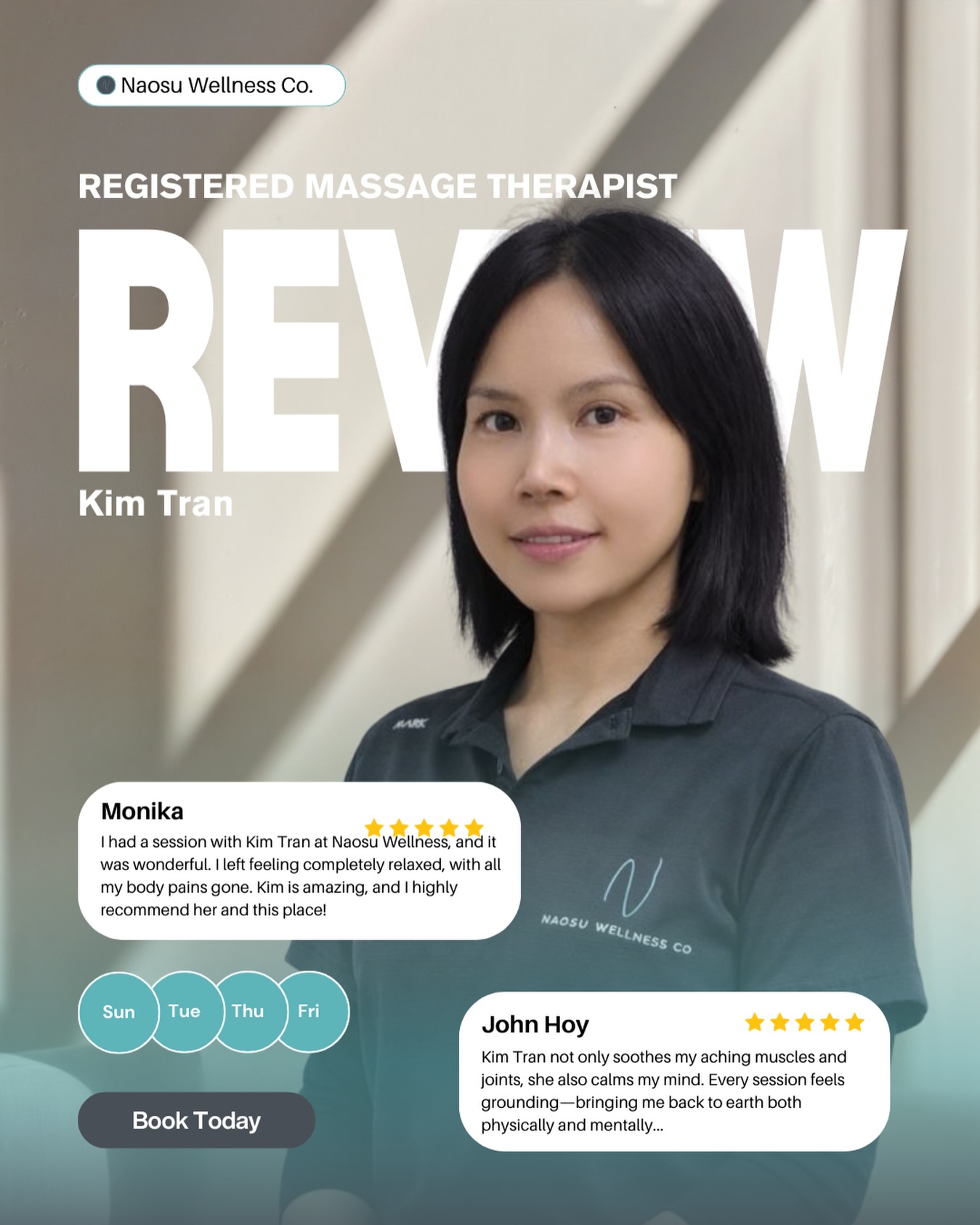 Kim Tran | Registered Massage Therapist at Naosu Wellness Co.
Some massage sessions help you relax.
Others help you heal.
With Kim Tran, clients experience both.
Kim is known for her ability to gently release deep muscle and joint tension while creating a calm, grounding environment that allows both the body and mind to reset. Her sessions are not just therapeutic — they are restorative.
Here’s what clients are saying:
🗣️ “I left feeling completely relaxed, with all my body pains gone.” — Monika
🗣️ “She soothes my aching muscles and joints and also calms my mind. Every session feels grounding.” — John Hoy
Whether you are dealing with:
✔ Chronic muscle tension
✔ Joint discomfort
✔ Stress and mental fatigue
✔ Posture-related pain
✔ A body that simply needs proper care
Kim provides personalized treatments that help you feel lighter, calmer, and restored after every visit.
🗓 Available: Sunday · Tuesday · Thursday · Friday
📍 Naosu Wellness Co. 1020 Austin Ave #201, Coquitlam, BC V3K 3P1
🌐 www.naosuwellness.com
📞 (236) 553-2299
Allow yourself time to reset your body and mind with a Registered Massage Therapist who truly understands therapeutic care.