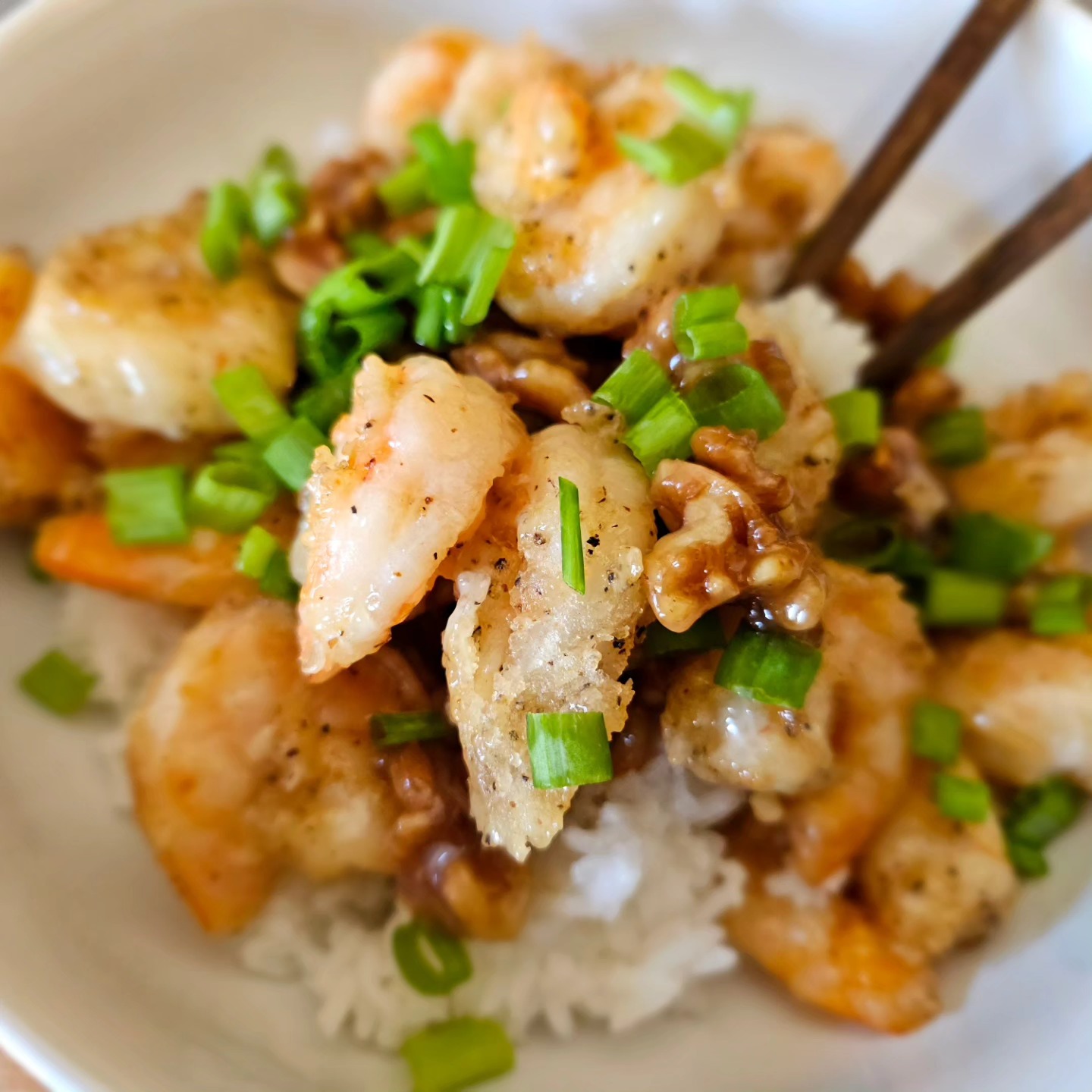 Crispy Walnut Prawns.
Maple syrup instead of honey. Man-o-man.