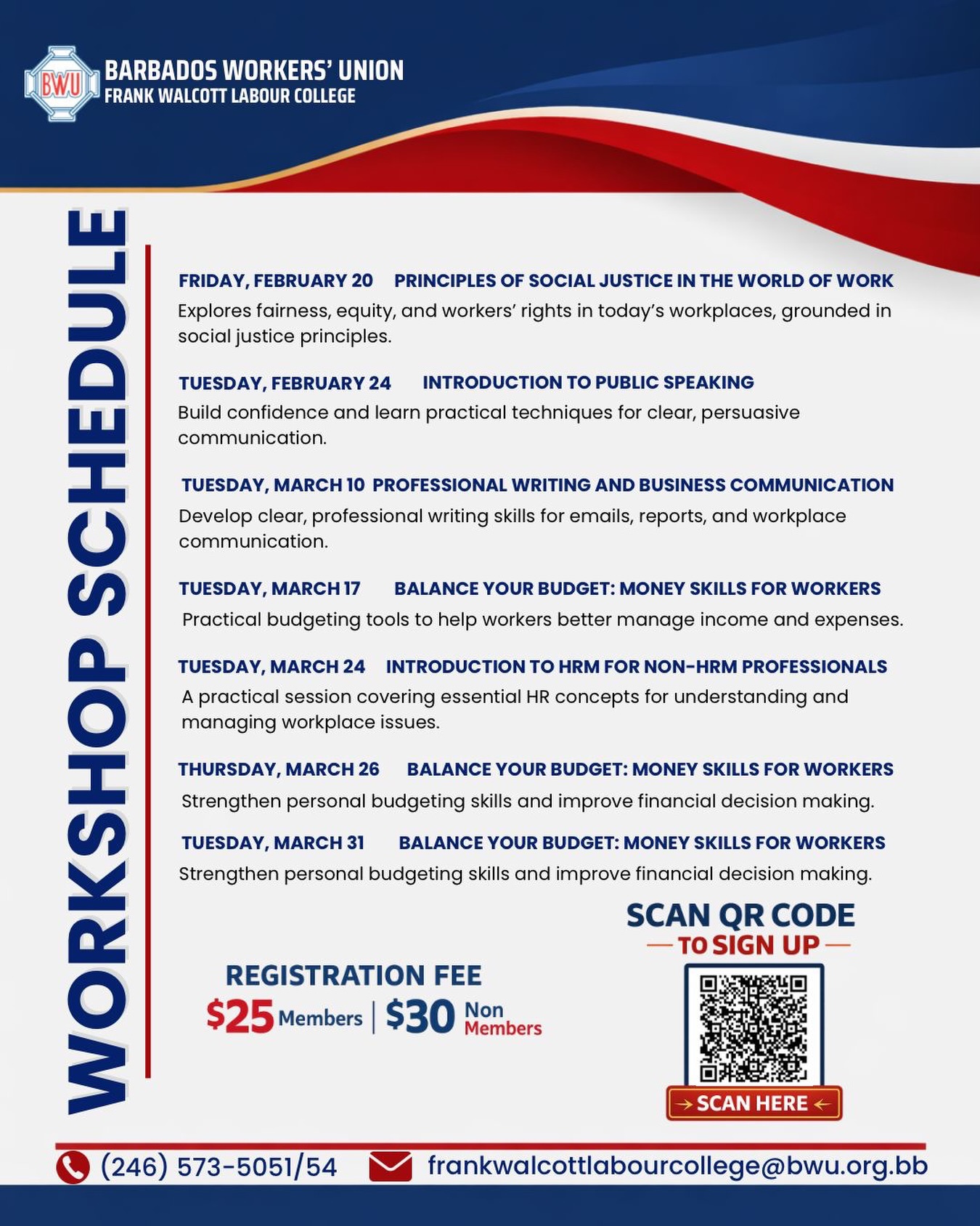 Learning never stops at the Frank Walcott Labour College.
This February and March, we’re offering a series of workshops designed to build skills, confidence, and capacity in today’s world of work. From social justice and public speaking to professional writing, budgeting, and HR fundamentals.
Whether you’re looking to strengthen your voice, sharpen your skills, or better navigate the workplace, there’s something here for you.
🗓️ February & March Workshops Now Open
💼 Open to members and non-members
👉🏽 Sign up by clicking the link in our bio.
Spaces are limited.
#FrankWalcottLabourCollege #BWU #WorkersEducation #LifelongLearning #SkillsForWorkers EducationForEmpowerment